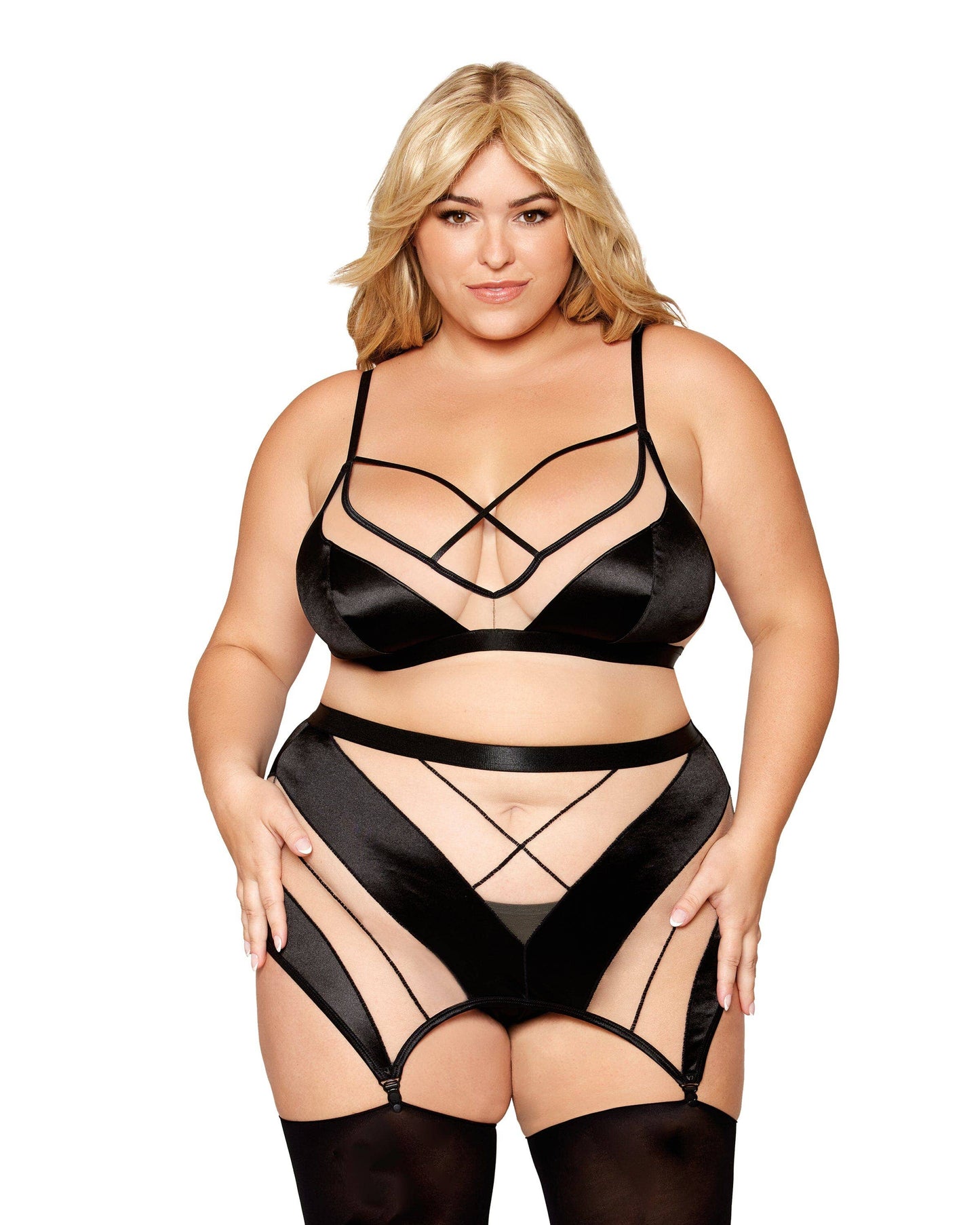 Dreamgirl Sheer Panel Bralette, Garter Skirt, and G-String Set: Black