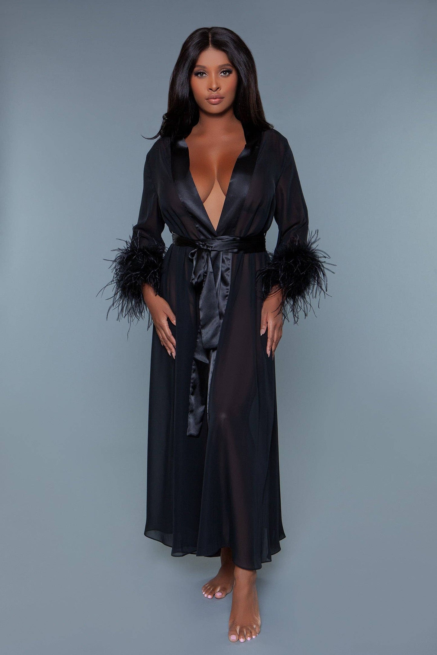 Black Floor Length Chiffon Robe with Feather Cuffs