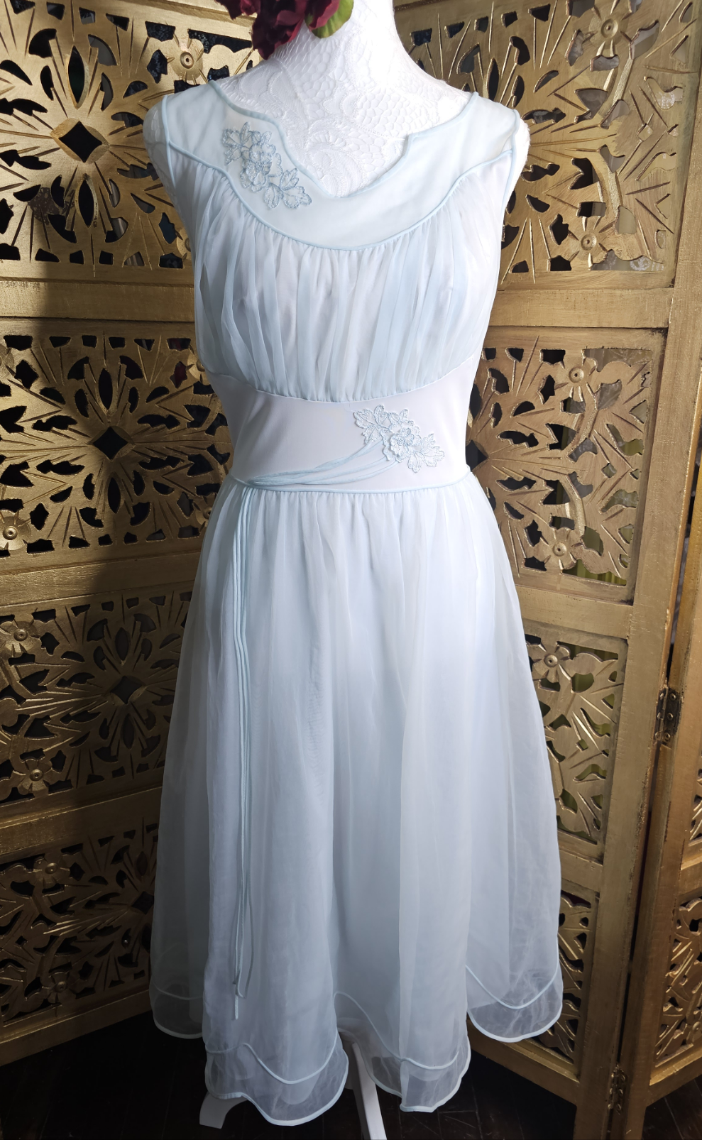 Vintage 1950s Pastel Blue Vanity chiffon Negligee with Floral Embroidery