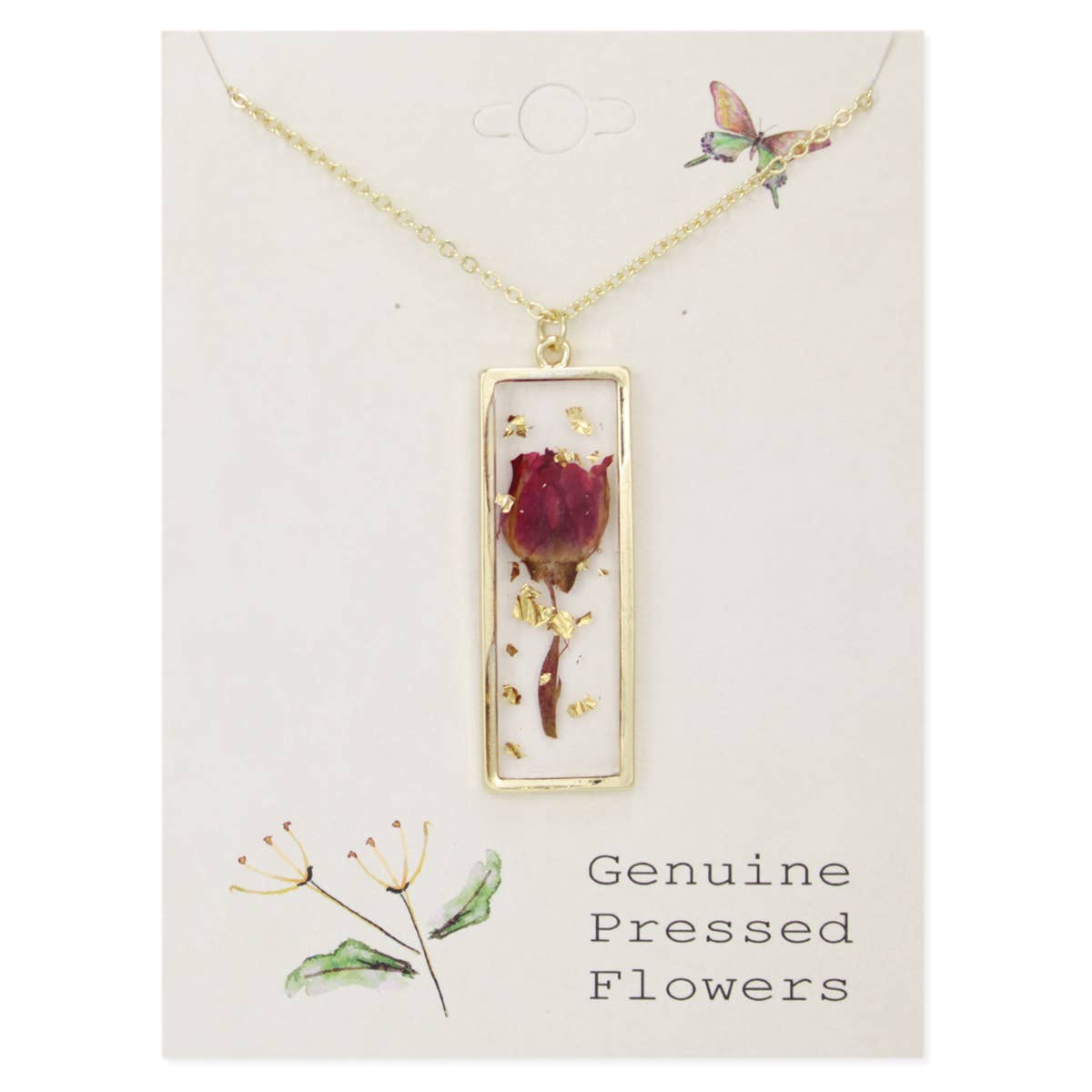 Gold Bar Red Dried Flower Necklace