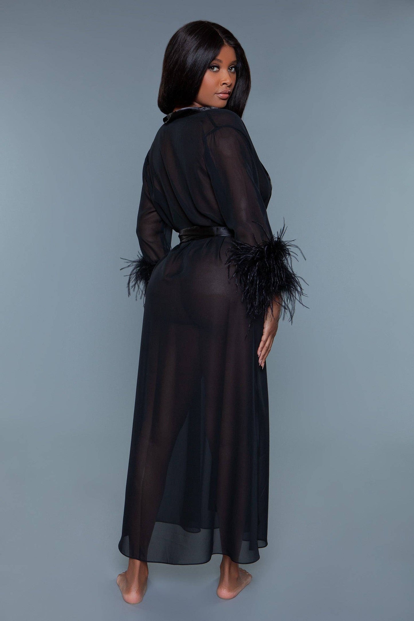Black Floor Length Chiffon Robe with Feather Cuffs