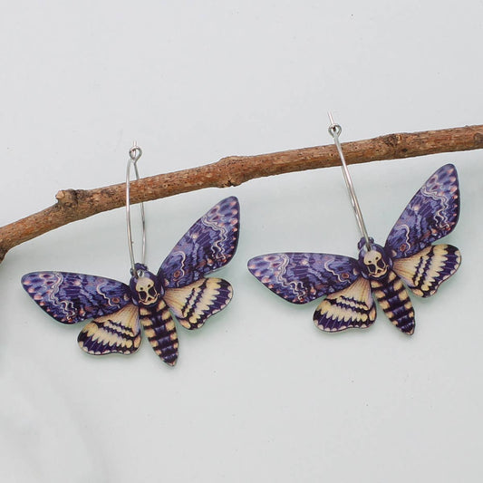 Deaths Head Moth Silver Hoop Earrings