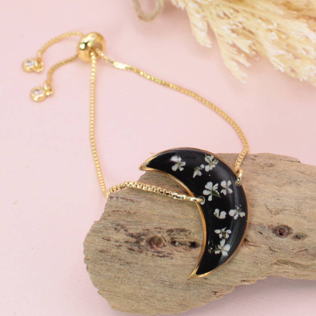 Moon Dried Flower Goldtone Chain Pull Bracelet