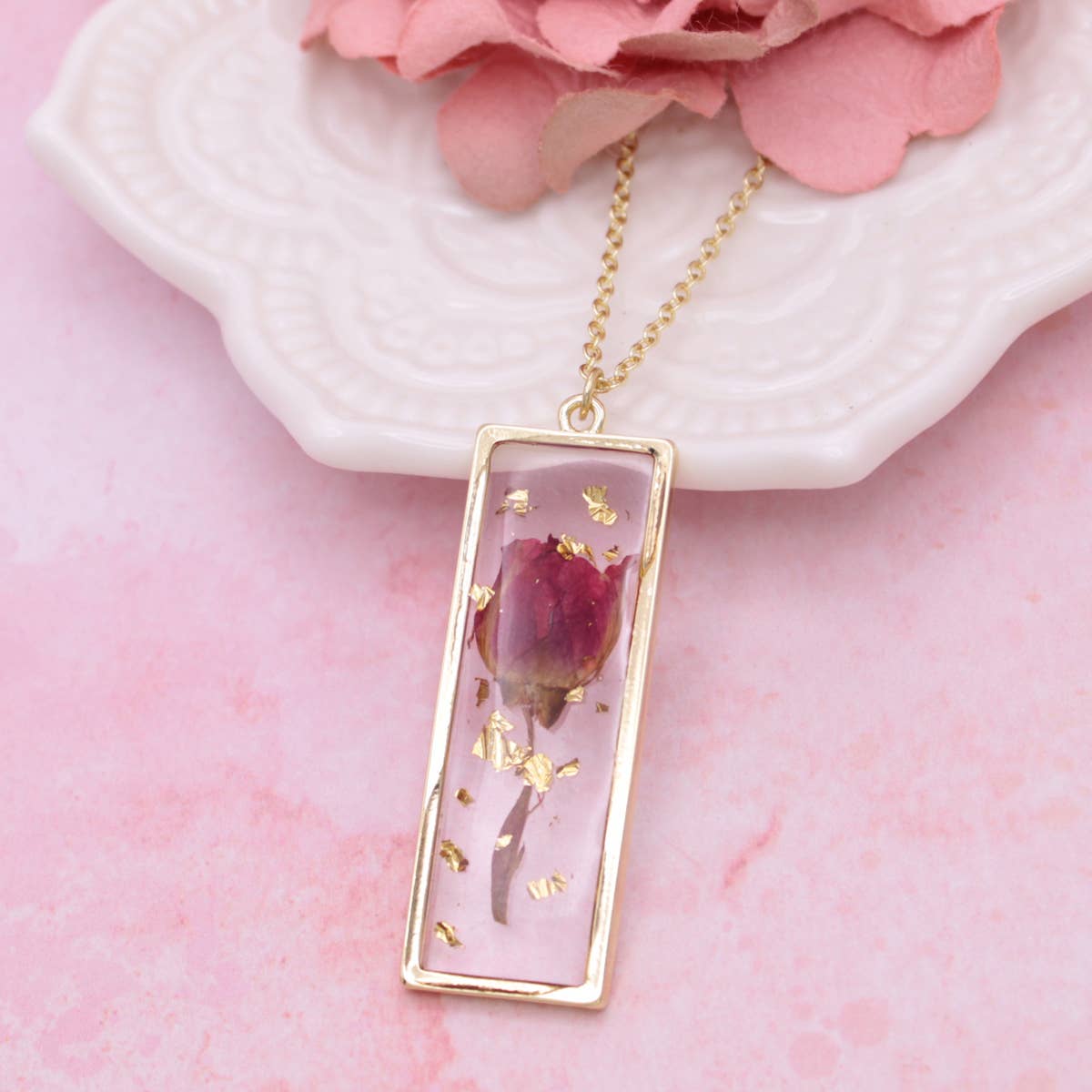 Gold Bar Red Dried Flower Necklace