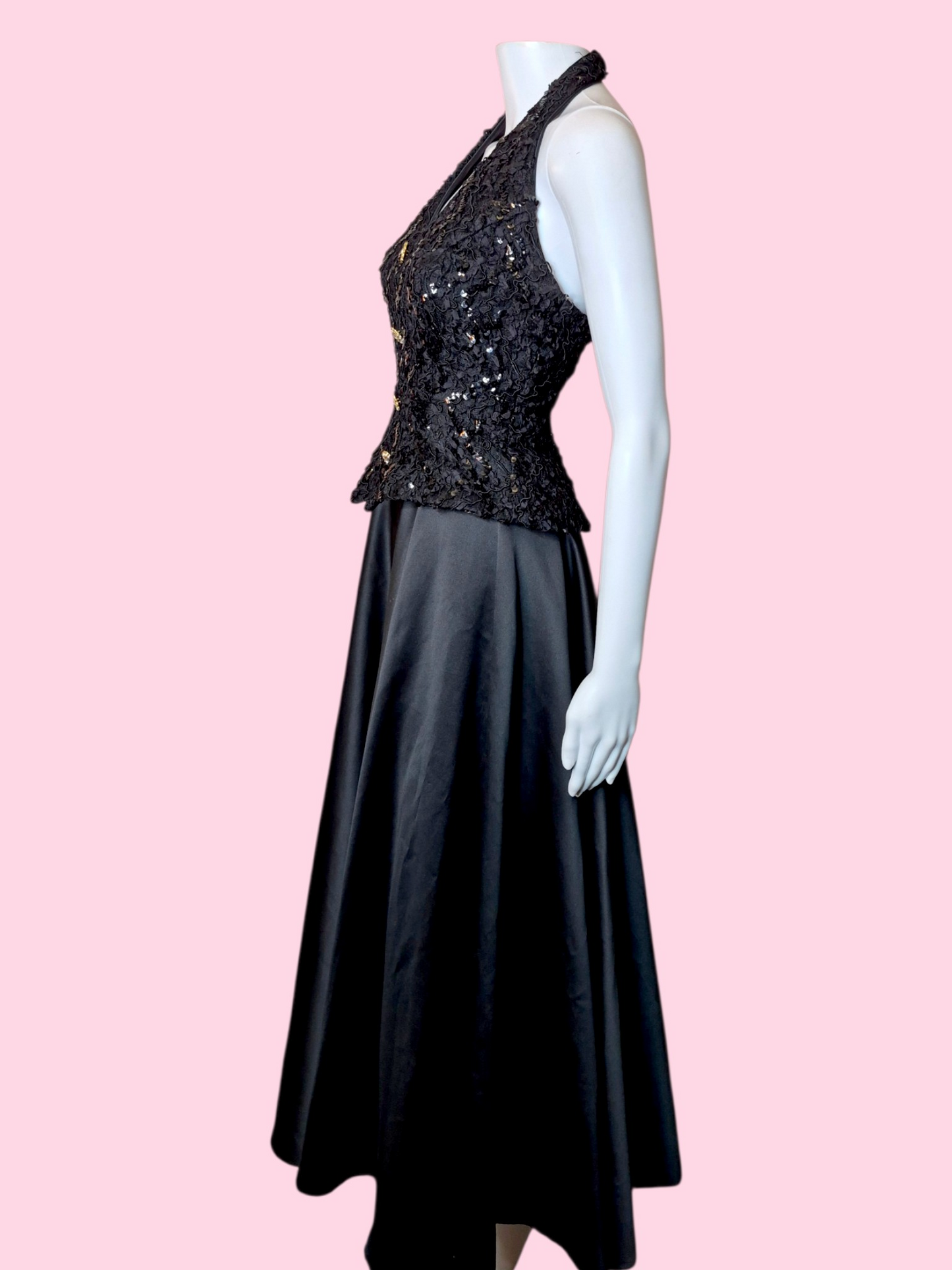 Vintage 1980s Black satin & sequin halter neck tuxedo gown by Dave & Johnny
