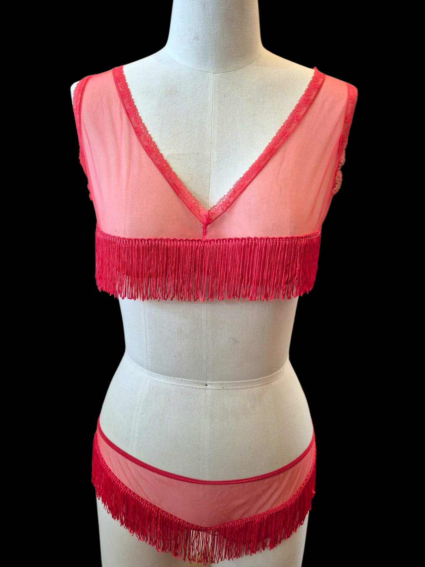 Vintage 1960s 3 pc Red Fringe Burlesque Lingerie Set