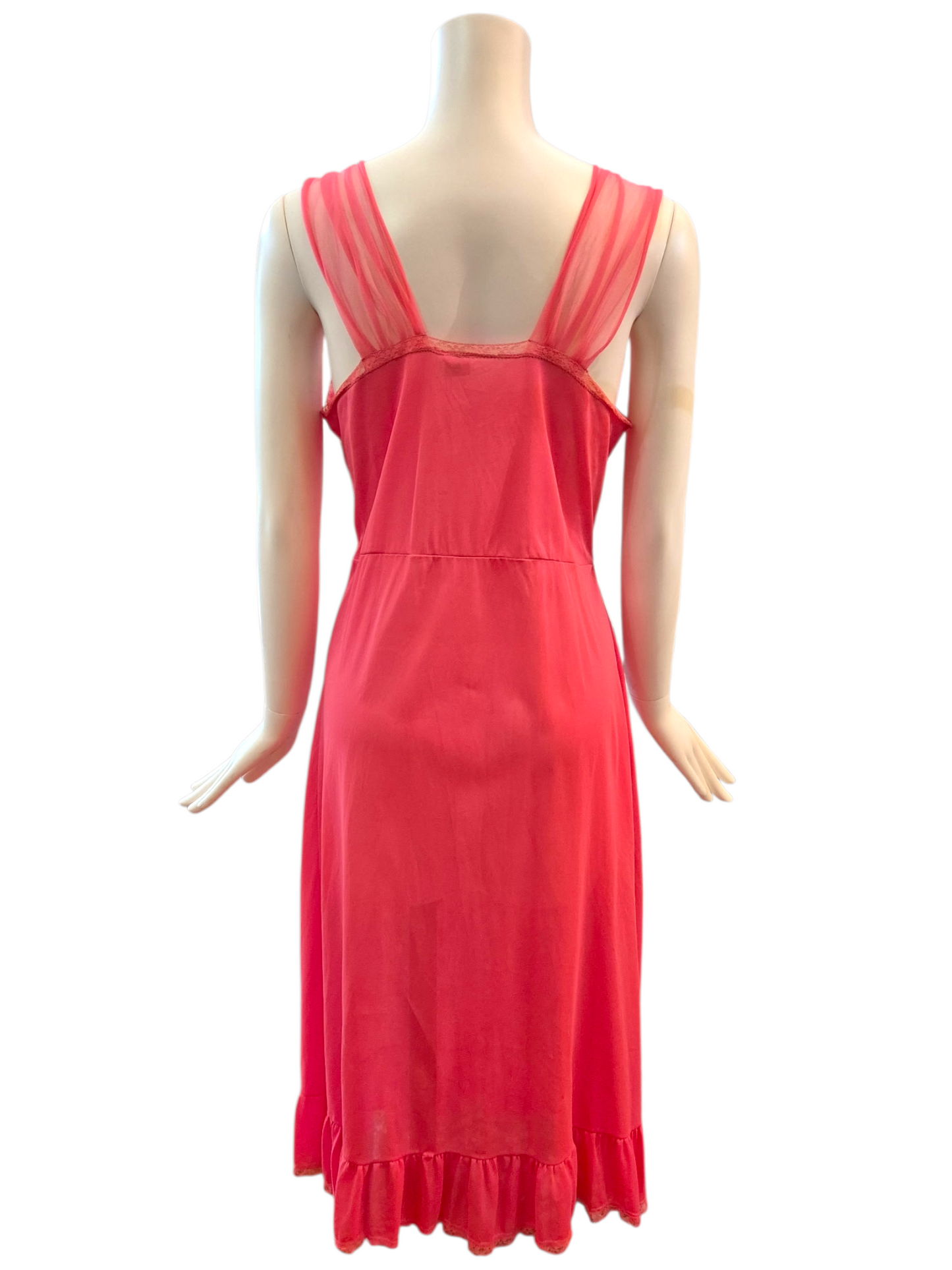 Vintage 1950s Coral Pink Nightgown with Lace Bodice  M/L