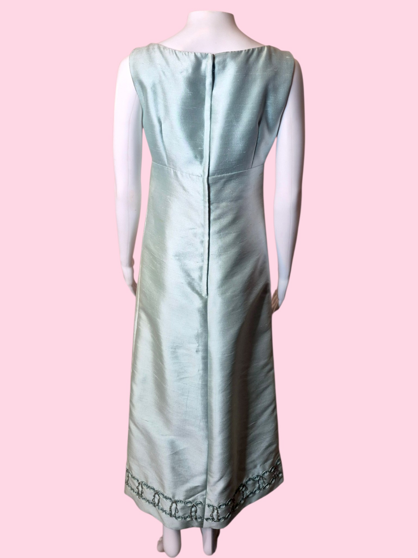 Vintage 1960s Pastel Blue Silk Shantung Evening Dress Decorative Trim Detail