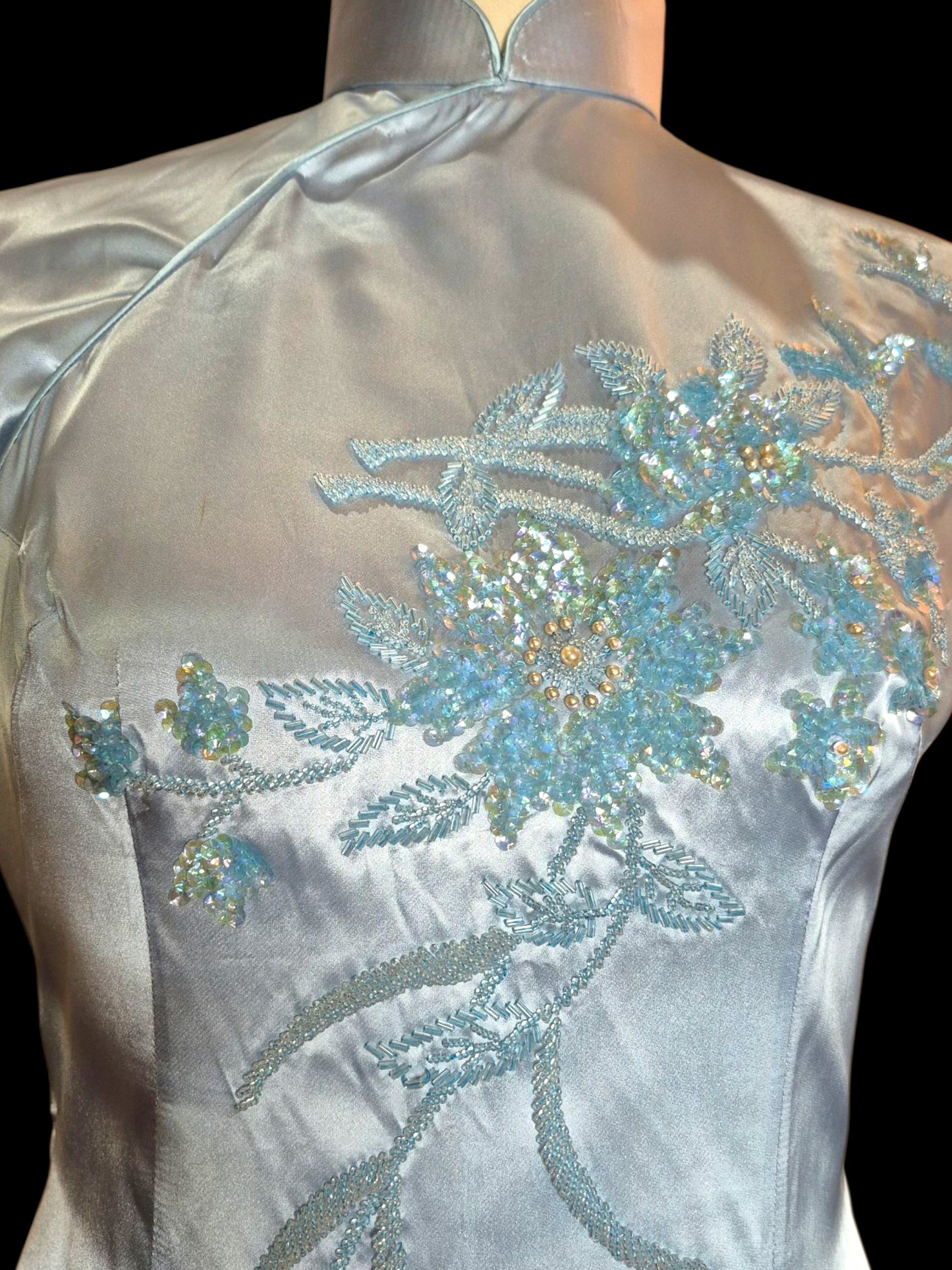 Vintage 1950s Blue Satin Qipao Dress with Sequin Floral design sz M/L
