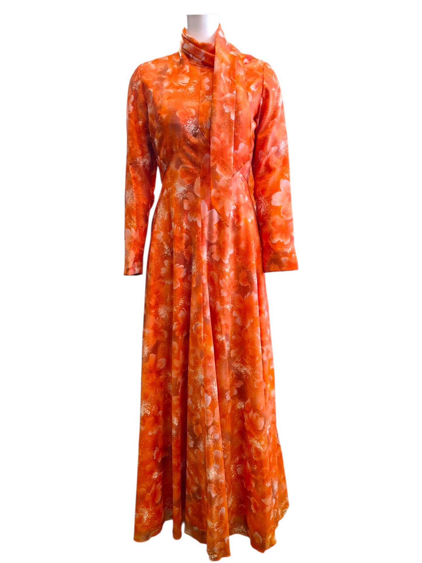 Vintage 1970s Orange Floral Scarf Neck Long Sleeve Maxi Dress