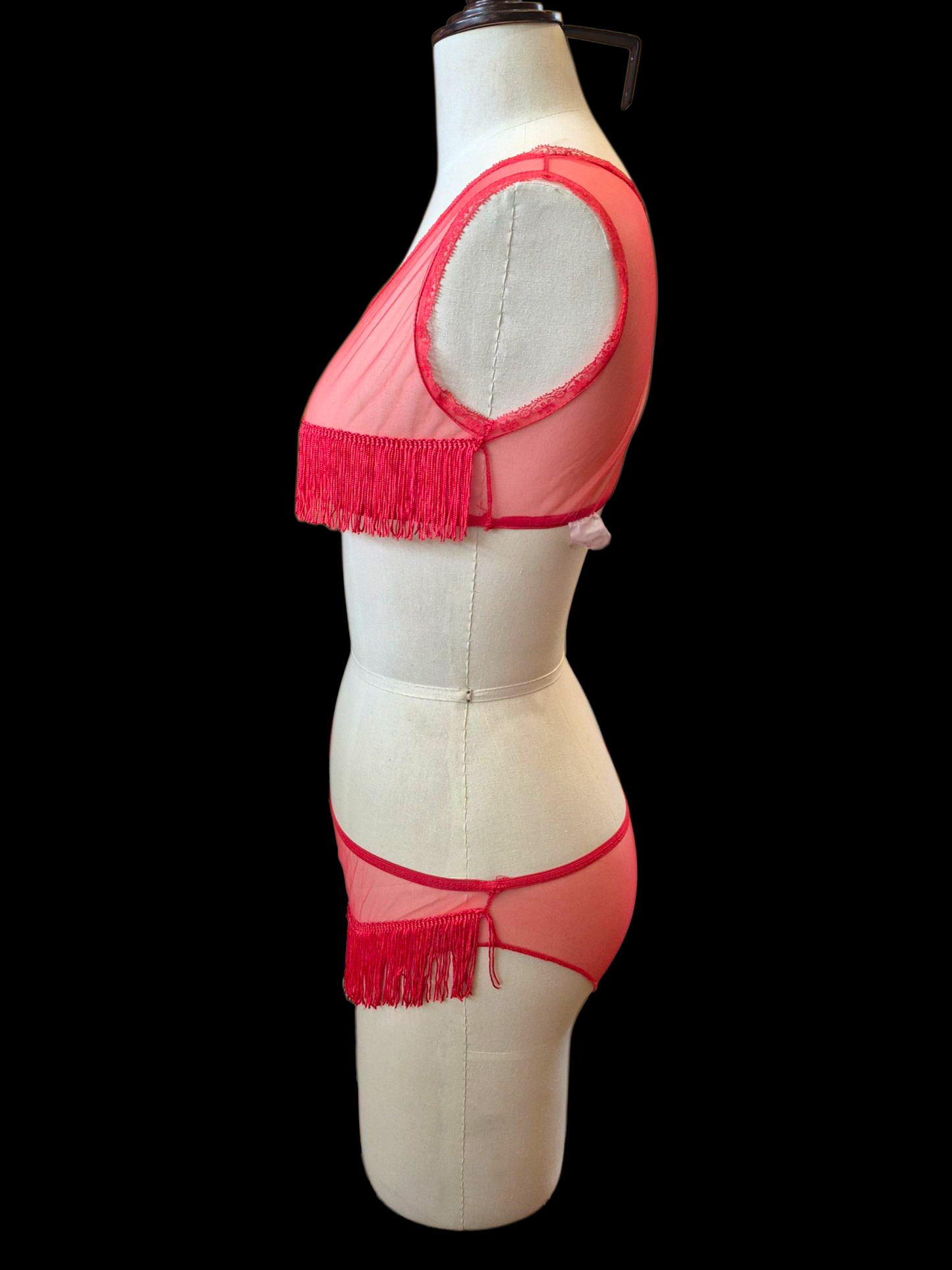 Vintage 1960s 3 pc Red Fringe Burlesque Lingerie Set