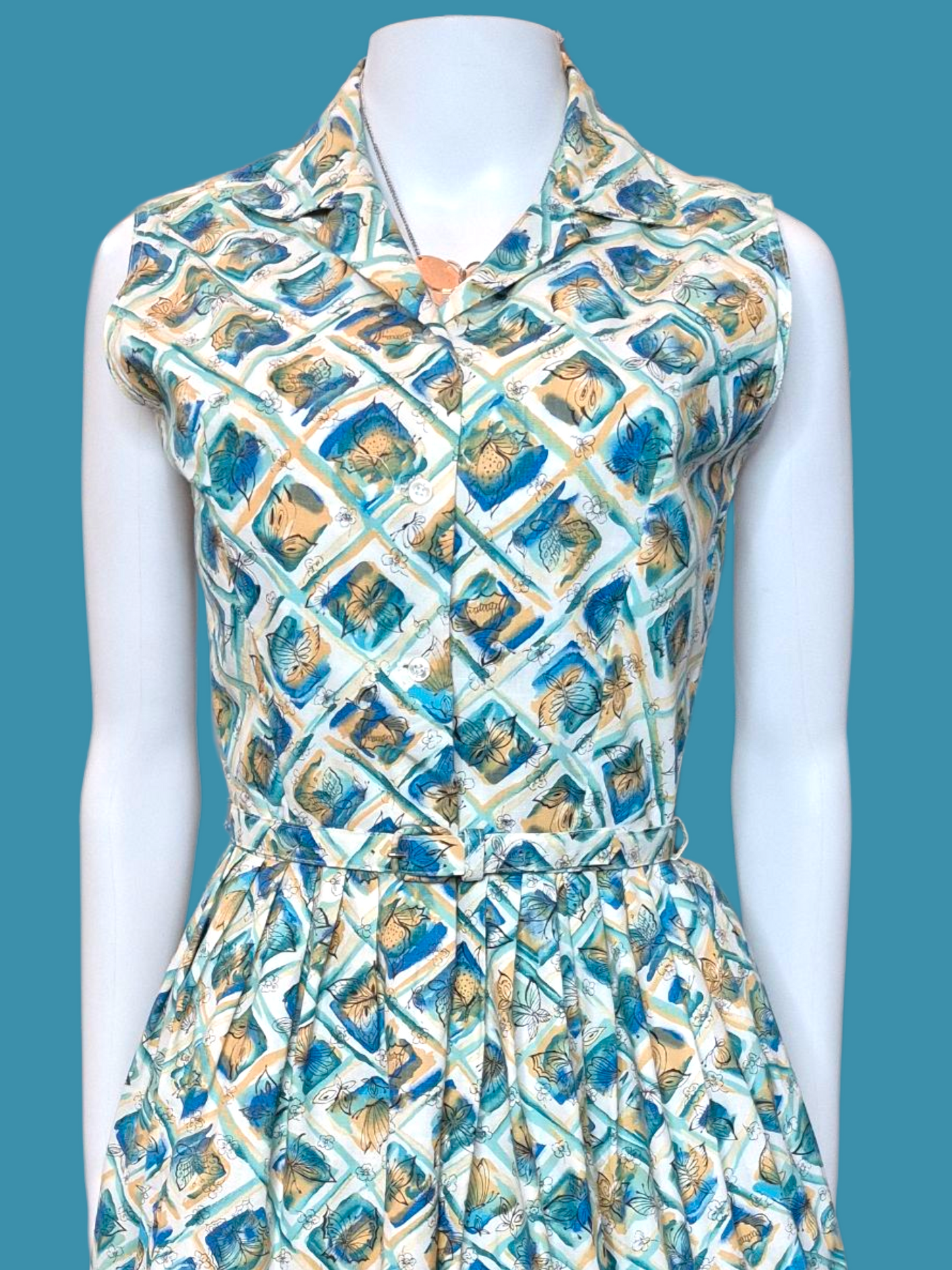 Vintage 1950s Butterfly Novelty Print Dress | Blue & Yellow Cotton shirtwaist fit & flare