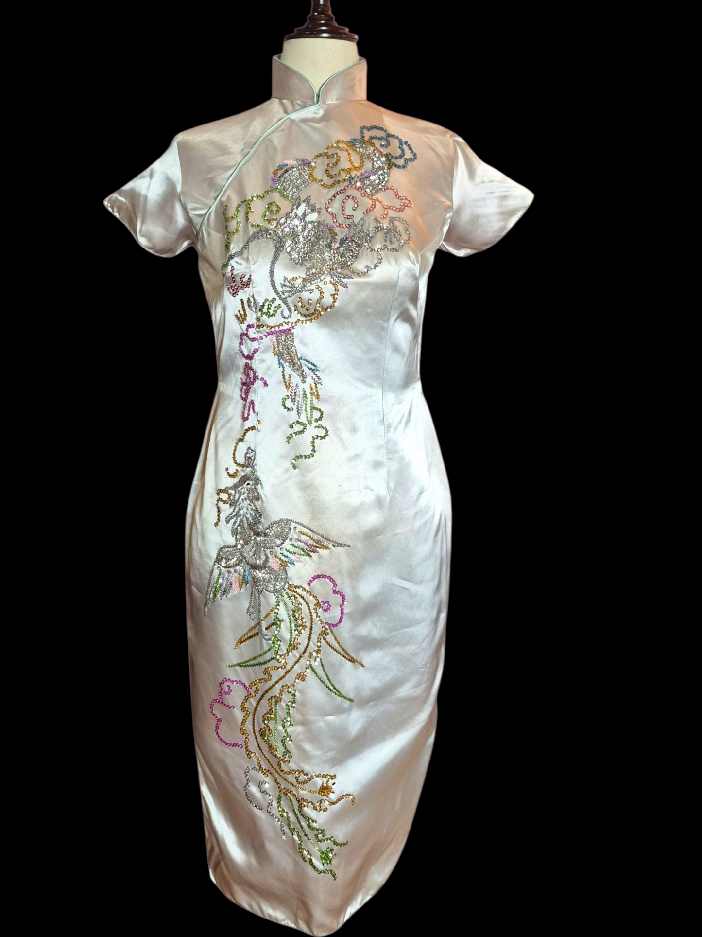 Vintage 1950s Silver Satin  Sequin Dragon Qipao Dress M/L