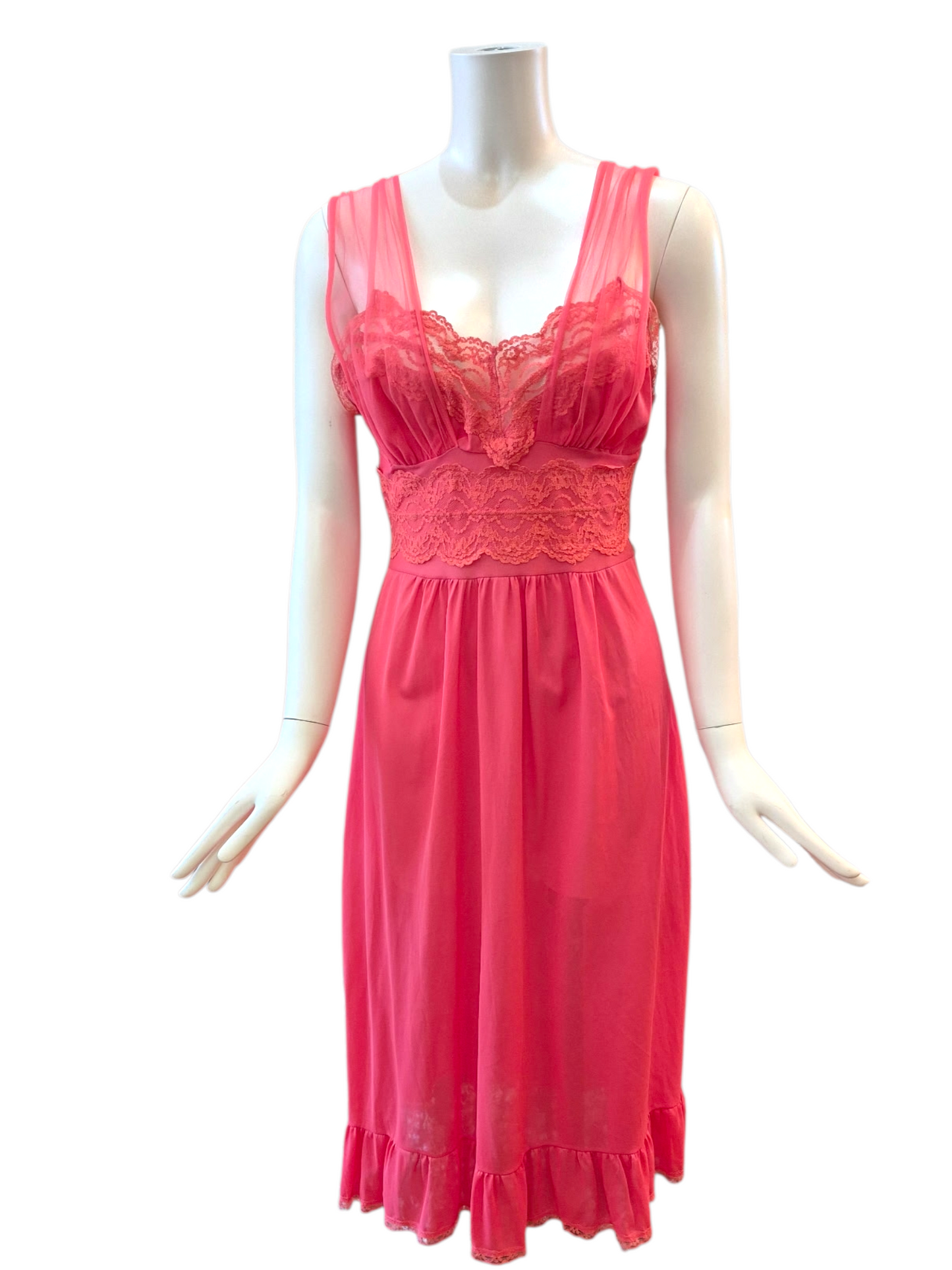 Vintage 1950s Coral Pink Nightgown with Lace Bodice  M/L