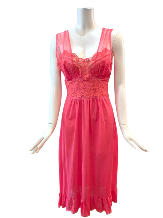 Vintage 1950s Coral Pink Nightgown with Lace Bodice  M/L