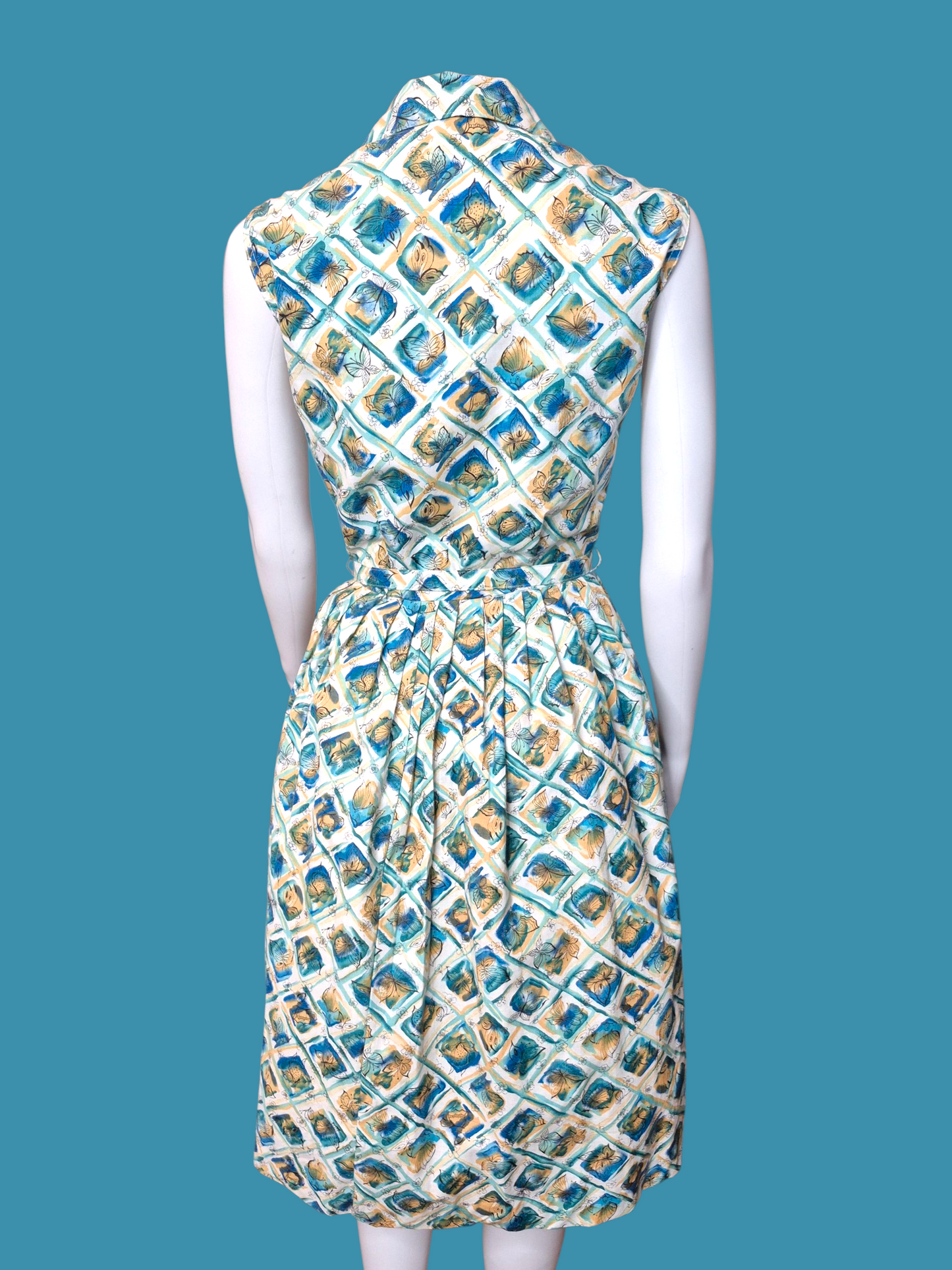 Vintage 1950s Butterfly Novelty Print Dress | Blue & Yellow Cotton shirtwaist fit & flare