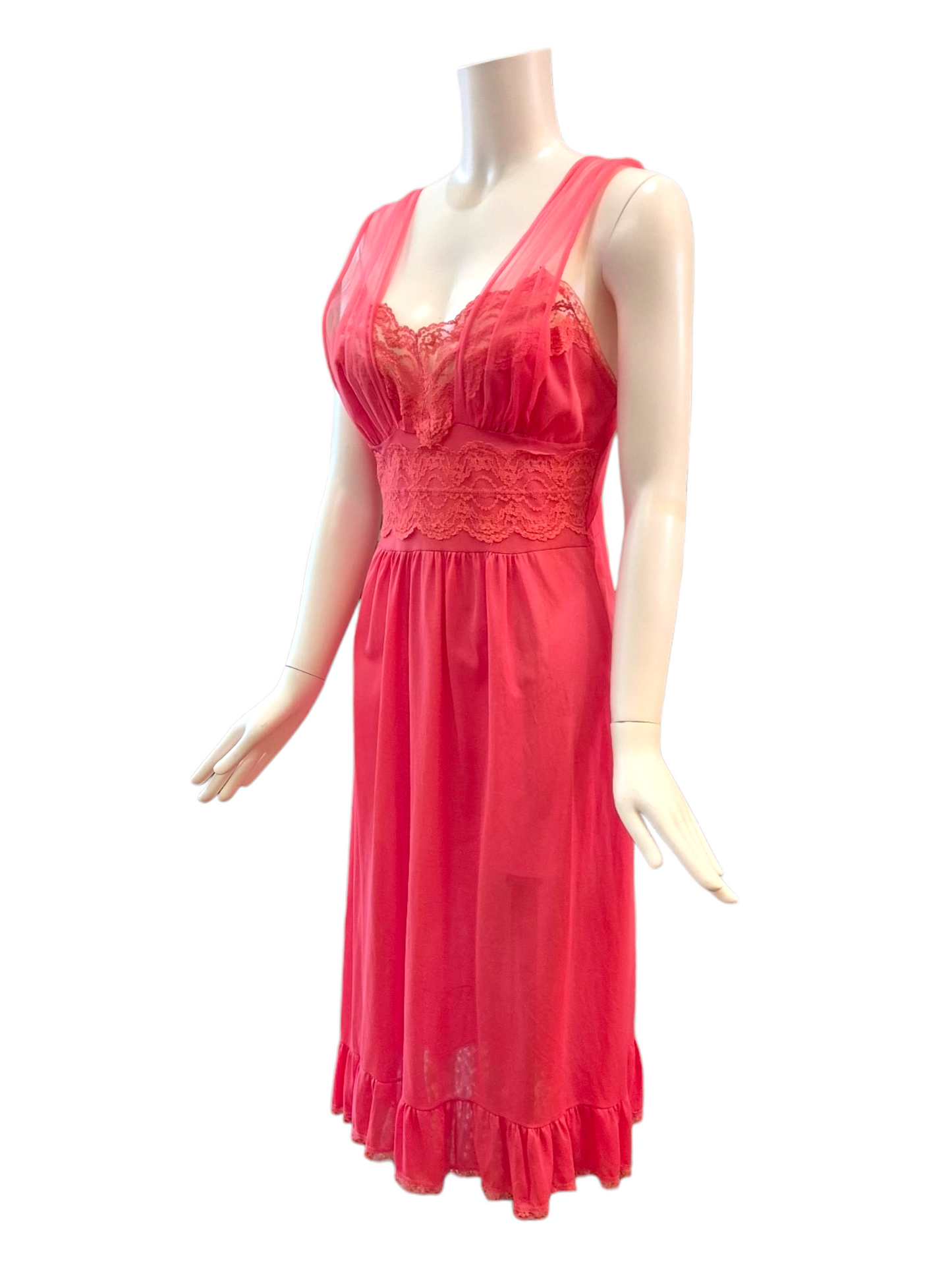 Vintage 1950s Coral Pink Nightgown with Lace Bodice  M/L