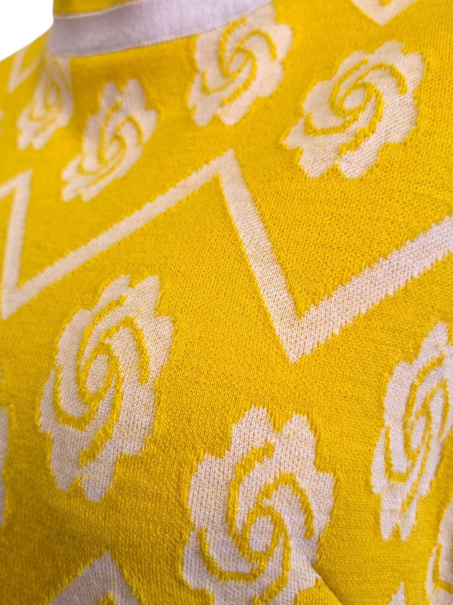 Vintage 1960s Leslie Fay Mod Yellow Wool Knit Chevron Rose Shift Dress