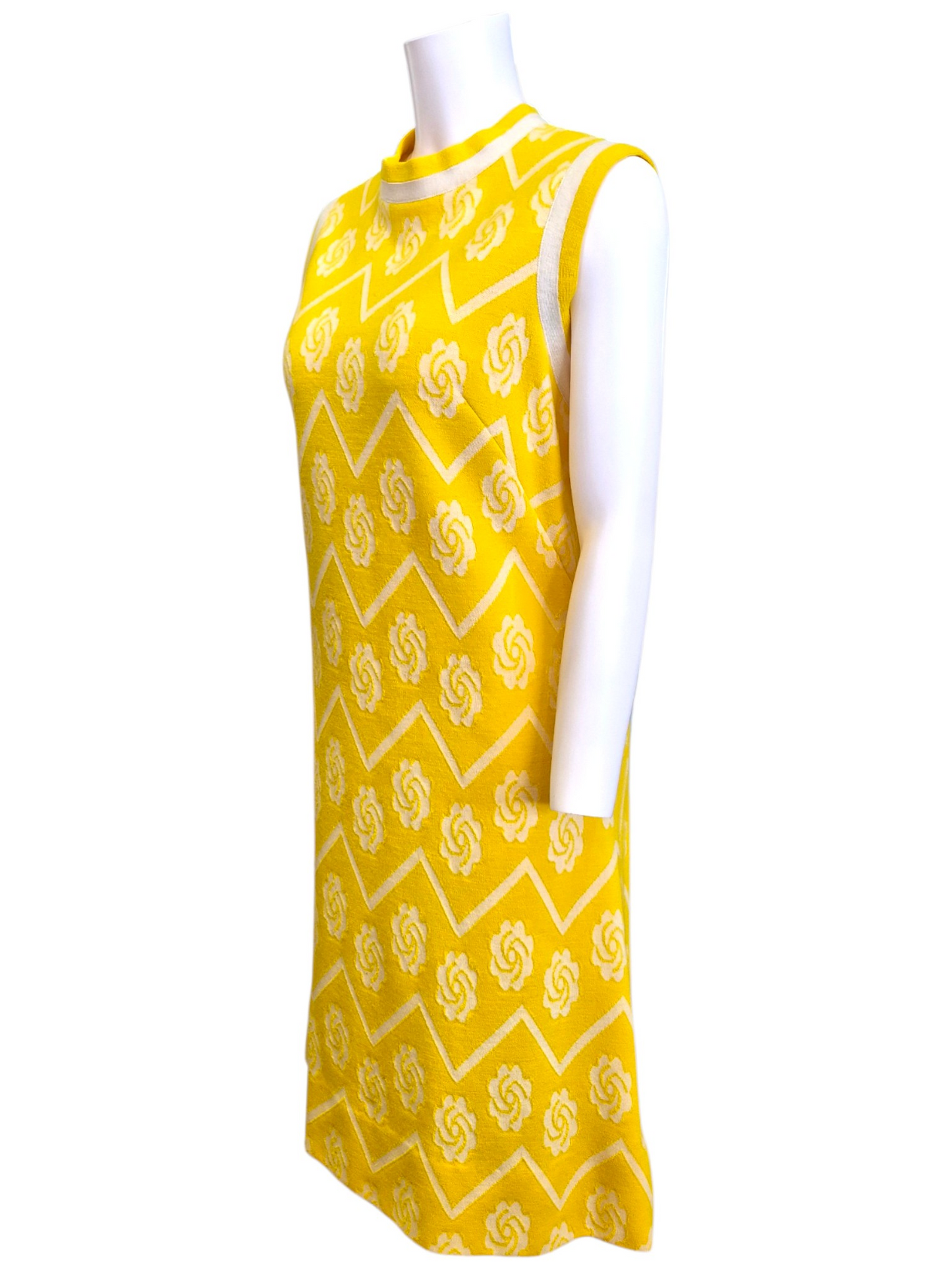 Vintage 1960s Leslie Fay Mod Yellow Wool Knit Chevron Rose Shift Dress