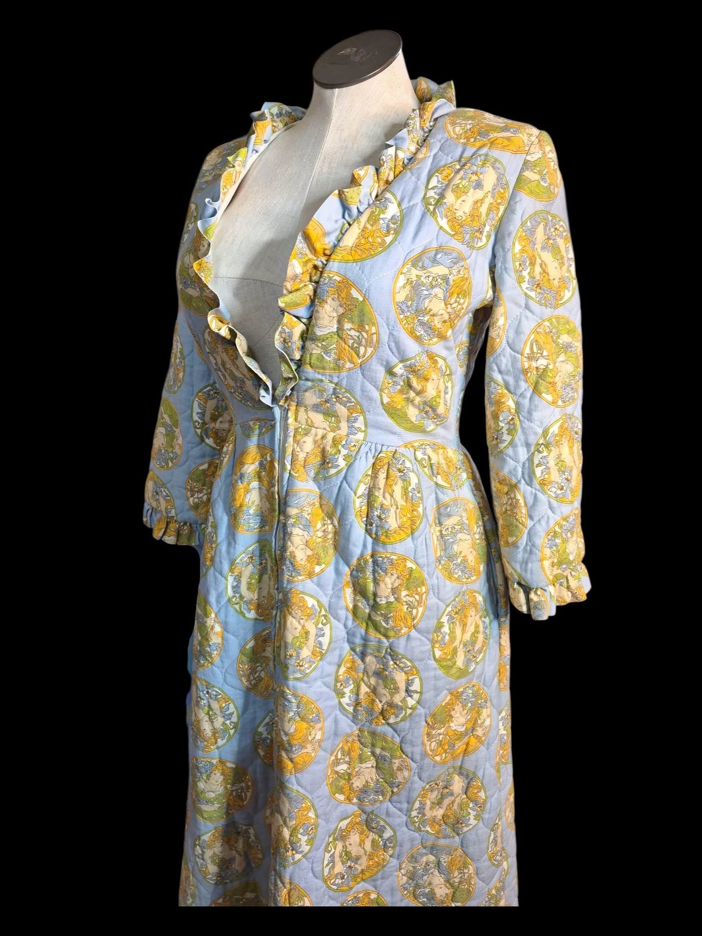 Vintage 70s Quilted Dressing Gown with art deco ladies by Louise Marie