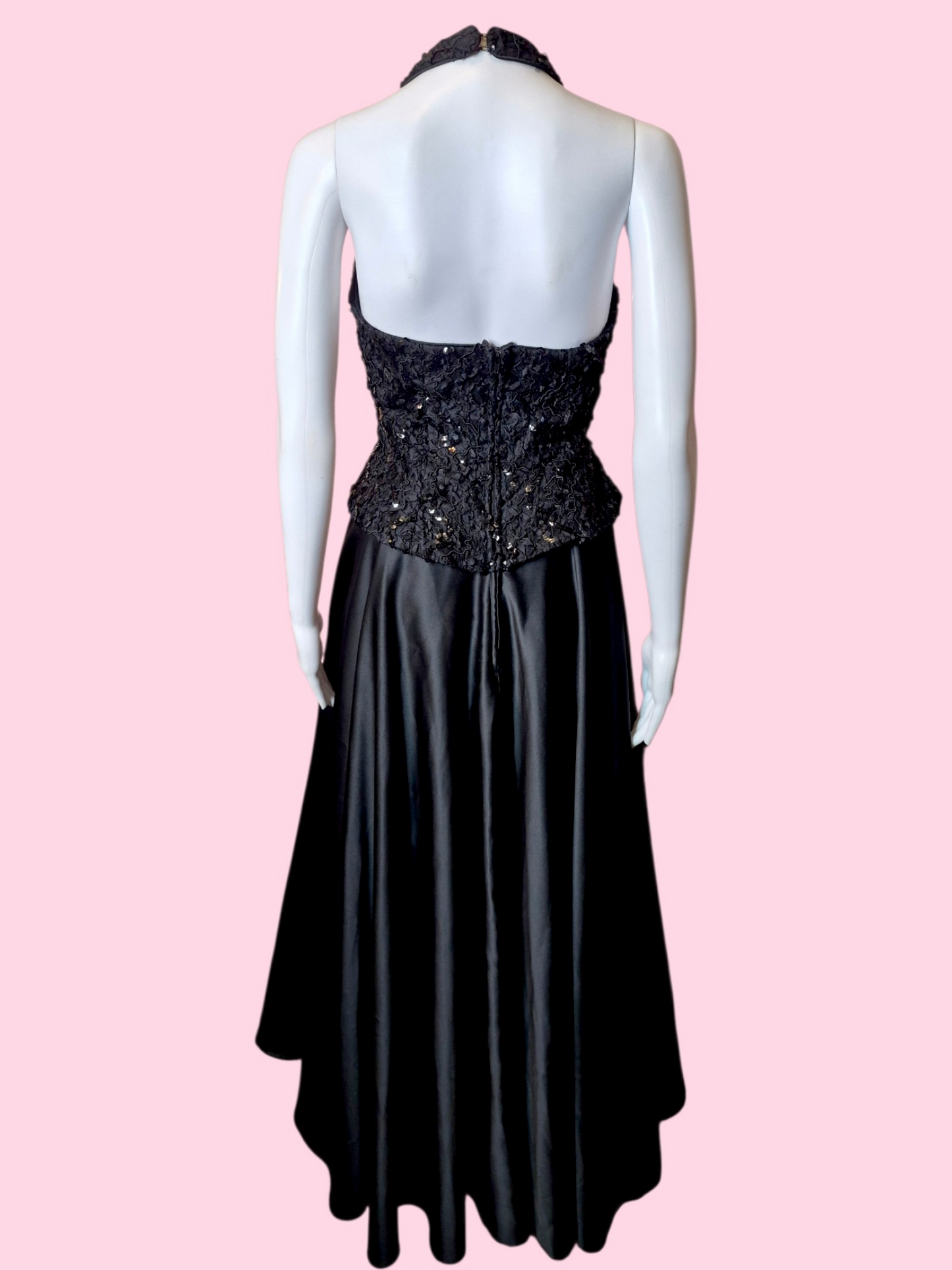 Vintage 1980s Black satin & sequin halter neck tuxedo gown by Dave & Johnny