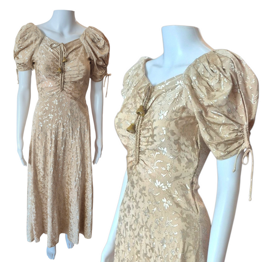 Vintage 1930s Golden Ivory Brocade Evening Gown sz S