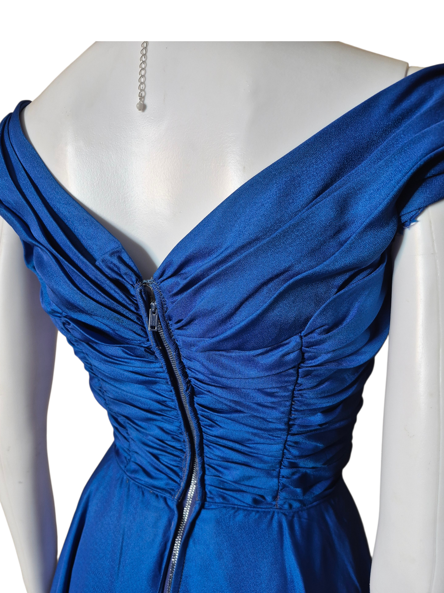 Vintage 1950s Blue & Green  Peplum wiggle dress with Iridescent Ruched Bodice & Tulle Skirt