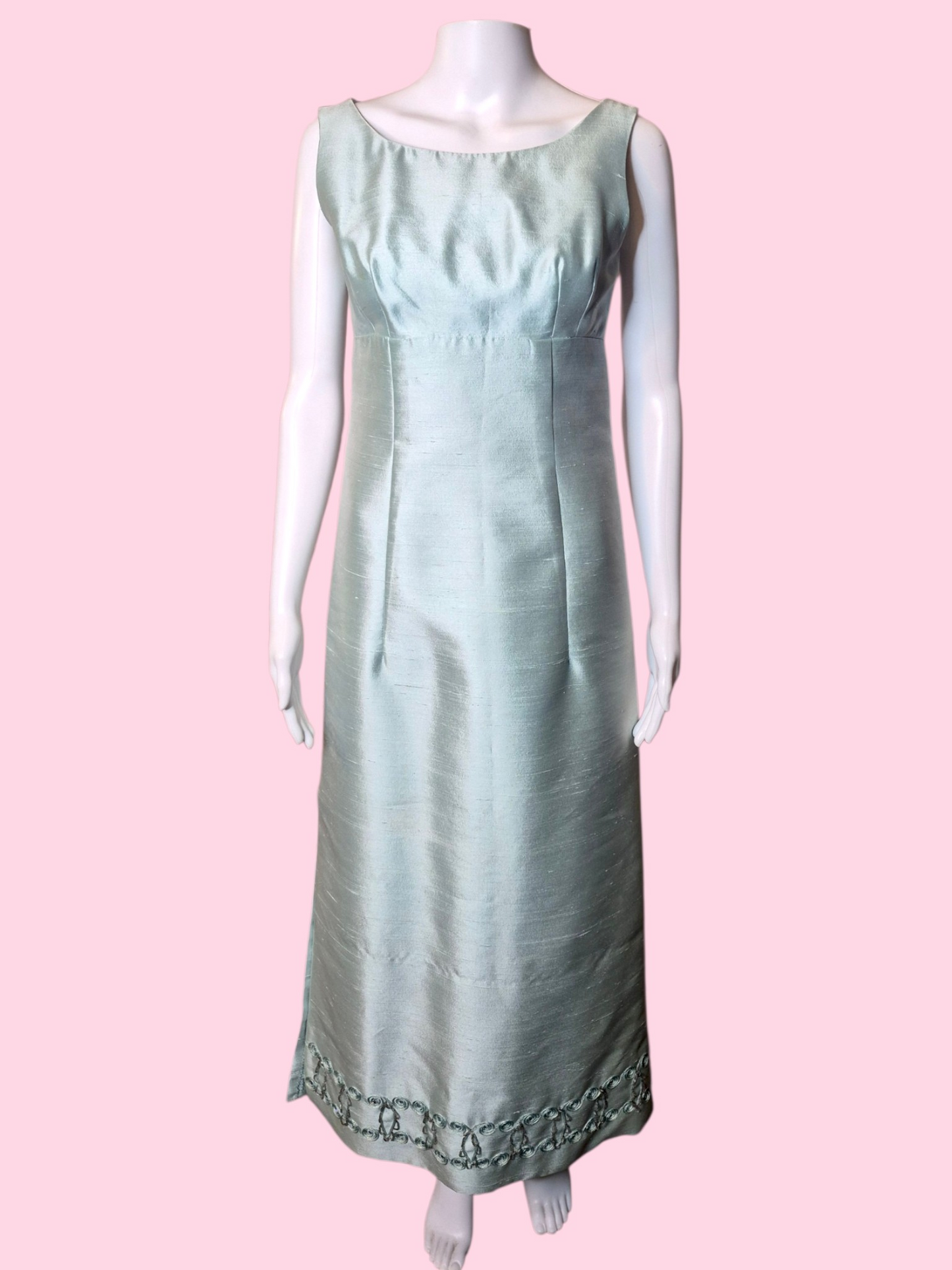 Vintage 1960s Pastel Blue Silk Shantung Evening Dress Decorative Trim Detail