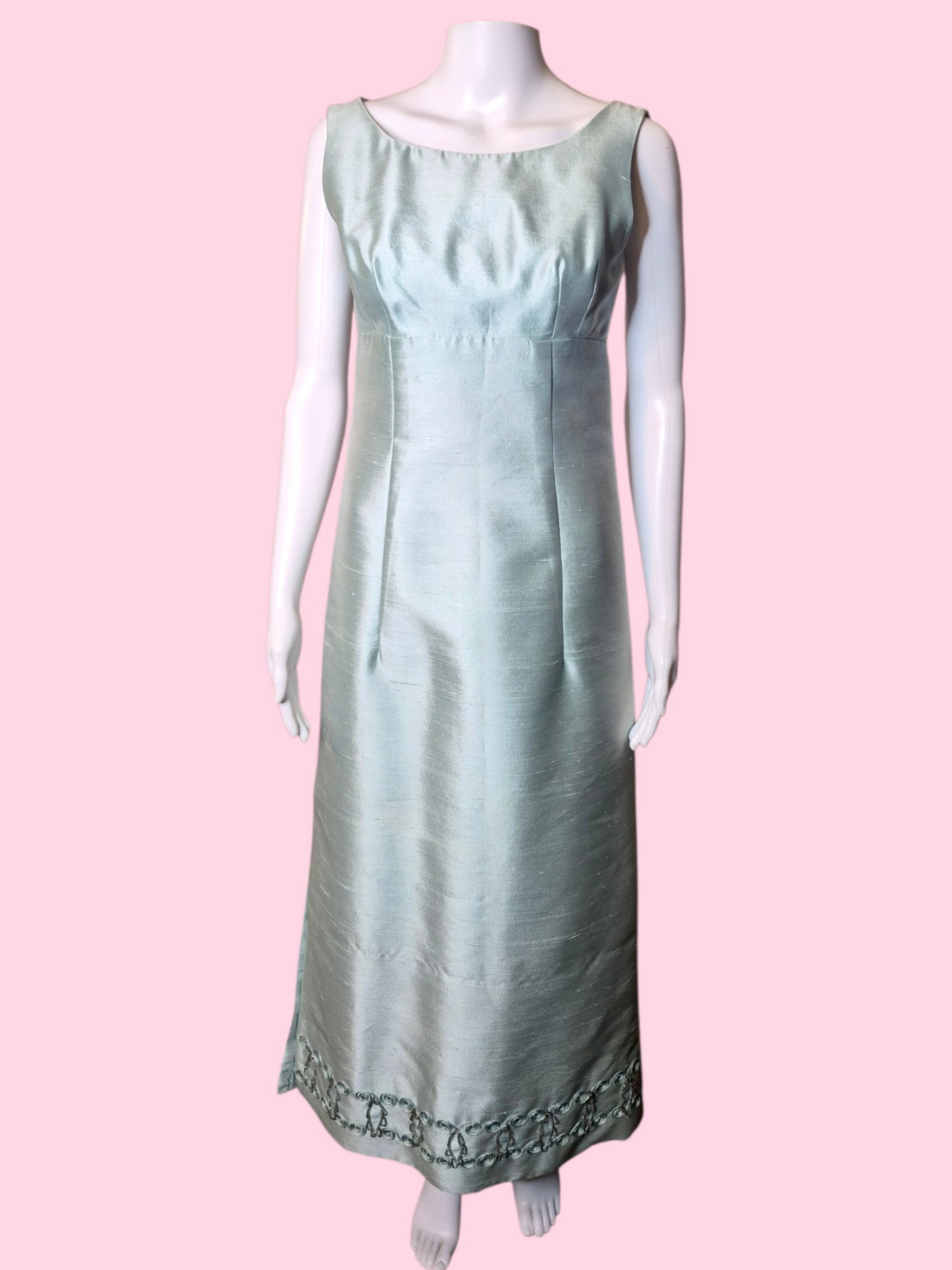 Vintage 1960s Pastel Blue Silk Shantung Evening Dress Decorative Trim Detail