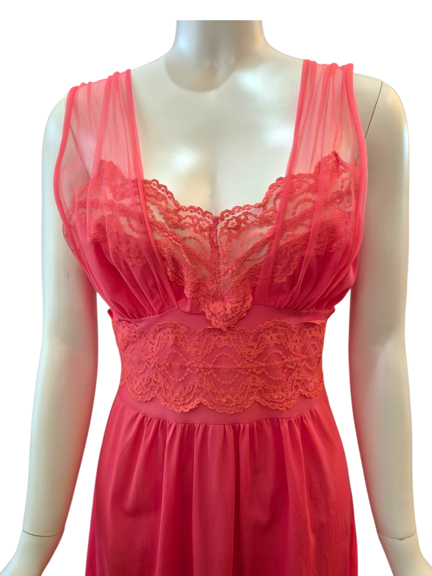 Vintage 1950s Coral Pink Nightgown with Lace Bodice  M/L