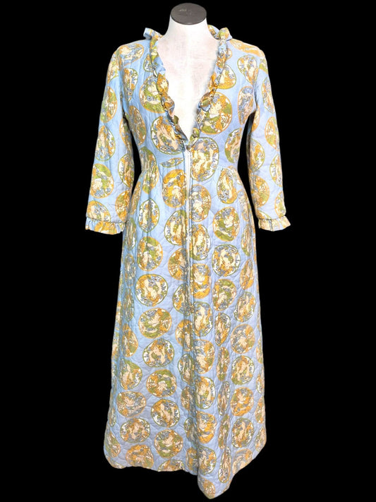 Vintage 70s Quilted Dressing Gown with art deco faces by Louise Marie