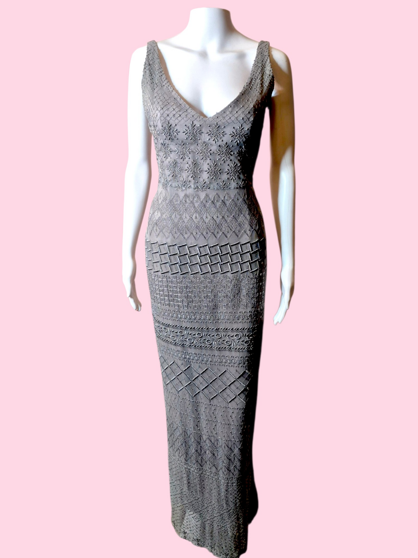 ⭐️Designer⭐️ Vintage 1990s Archival Ineptie Paris Art Deco Embroidered Column Gown with Sequins