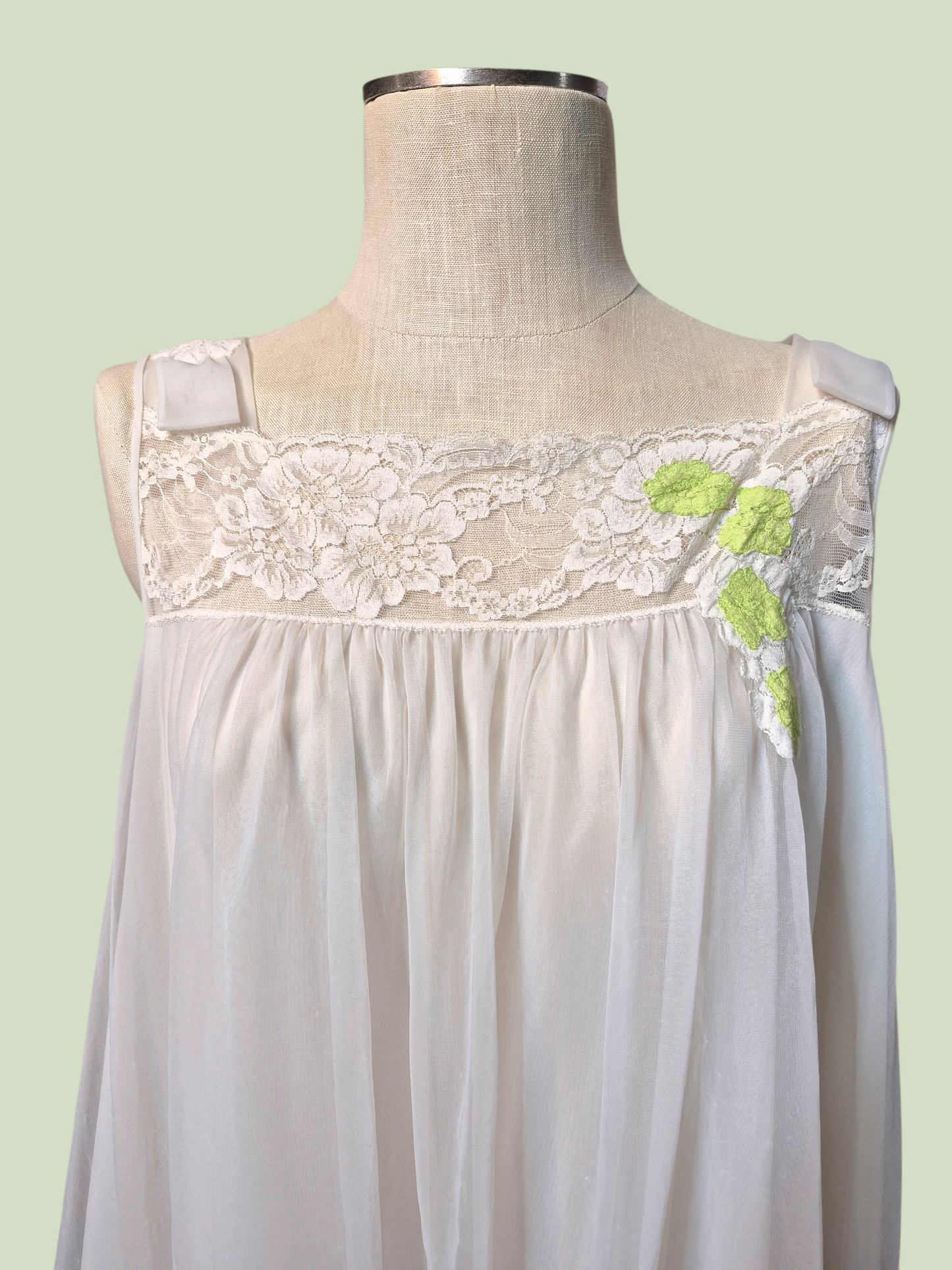 Vintage 50s/60s Vanity Fair White double layer chiffon babydoll with green accents