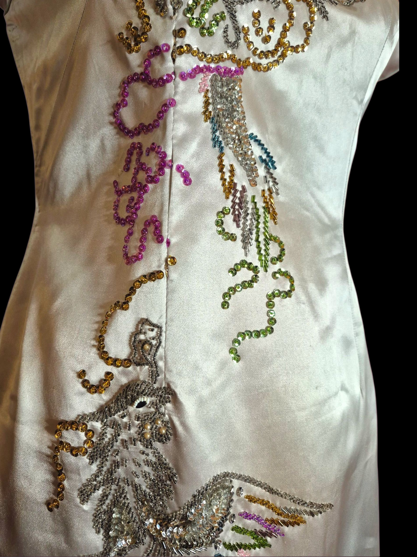 Vintage 1950s Silver Satin  Sequin Dragon Qipao Dress M/L