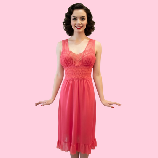 Vintage 1950s Coral Pink Nightgown with Lace Bodice  M/L