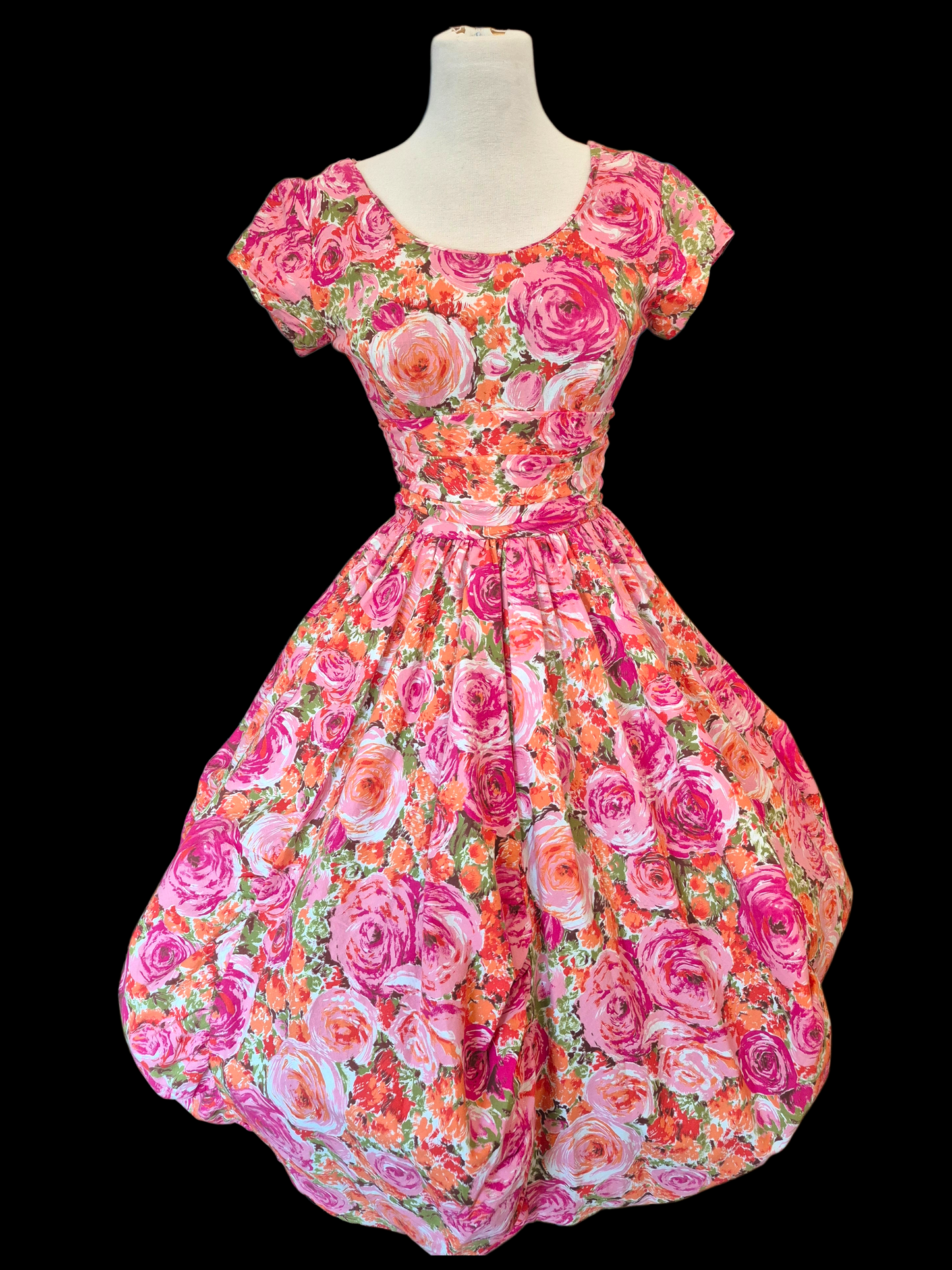 Vintage 1950s Pink Floral Bubble Hem Dress | Orange Rose Print Cotton Party Dress Pixie of California