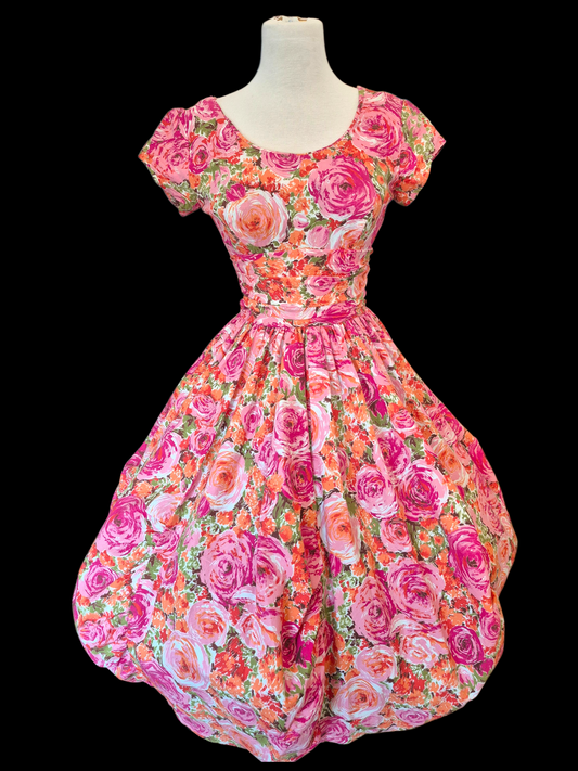 Vintage 1950s Pink Floral Bubble Hem Dress | Orange Rose Print Cotton Party Dress Pixie of California