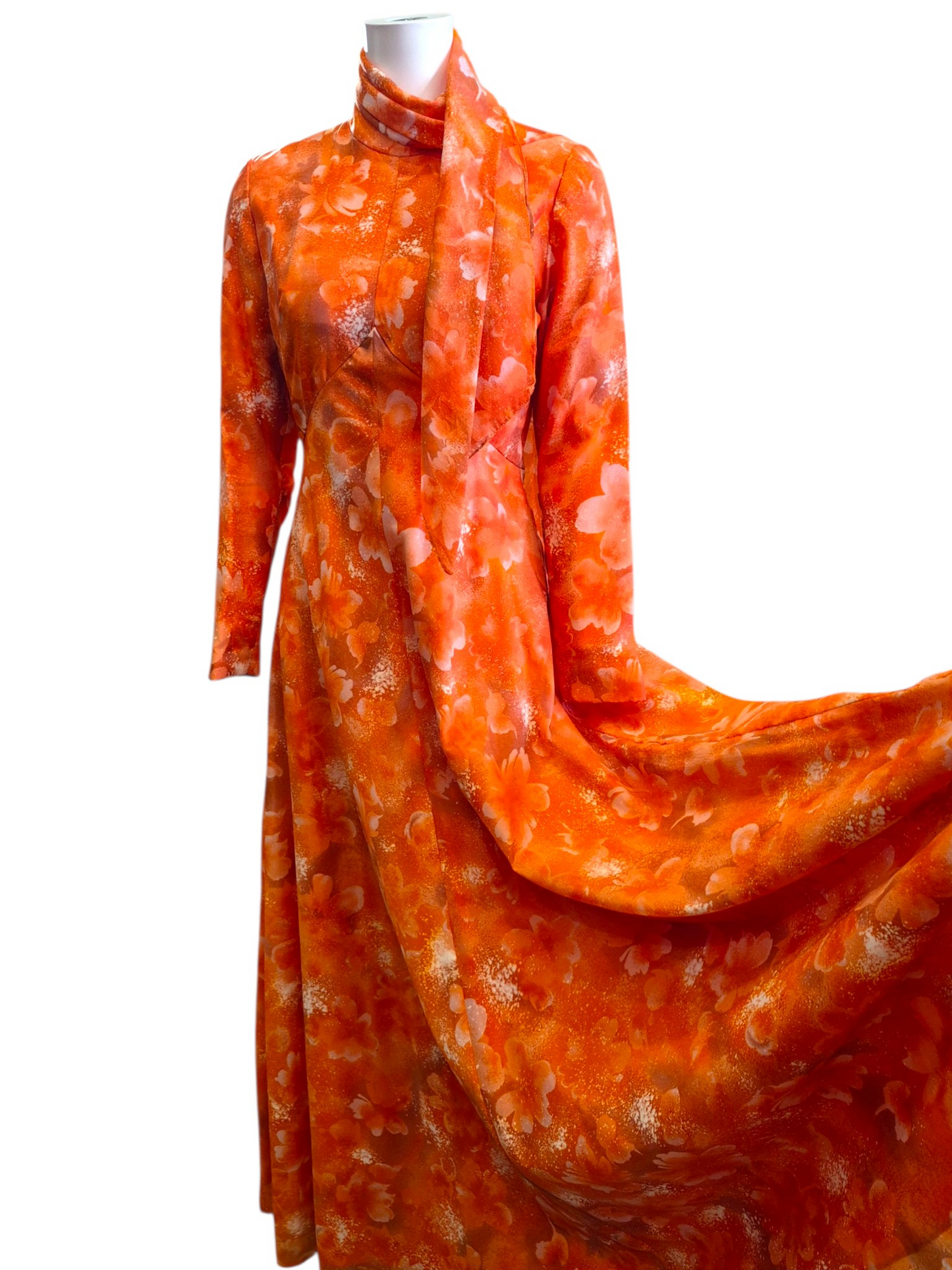 Vintage 1970s Orange Floral Scarf Neck Long Sleeve Maxi Dress