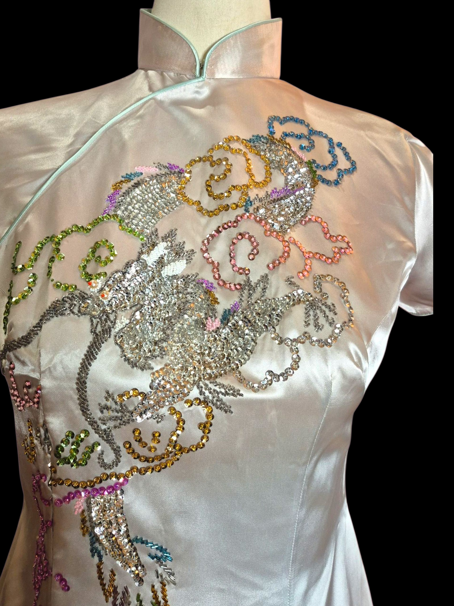 Vintage 1950s Silver Satin  Sequin Dragon Qipao Dress M/L