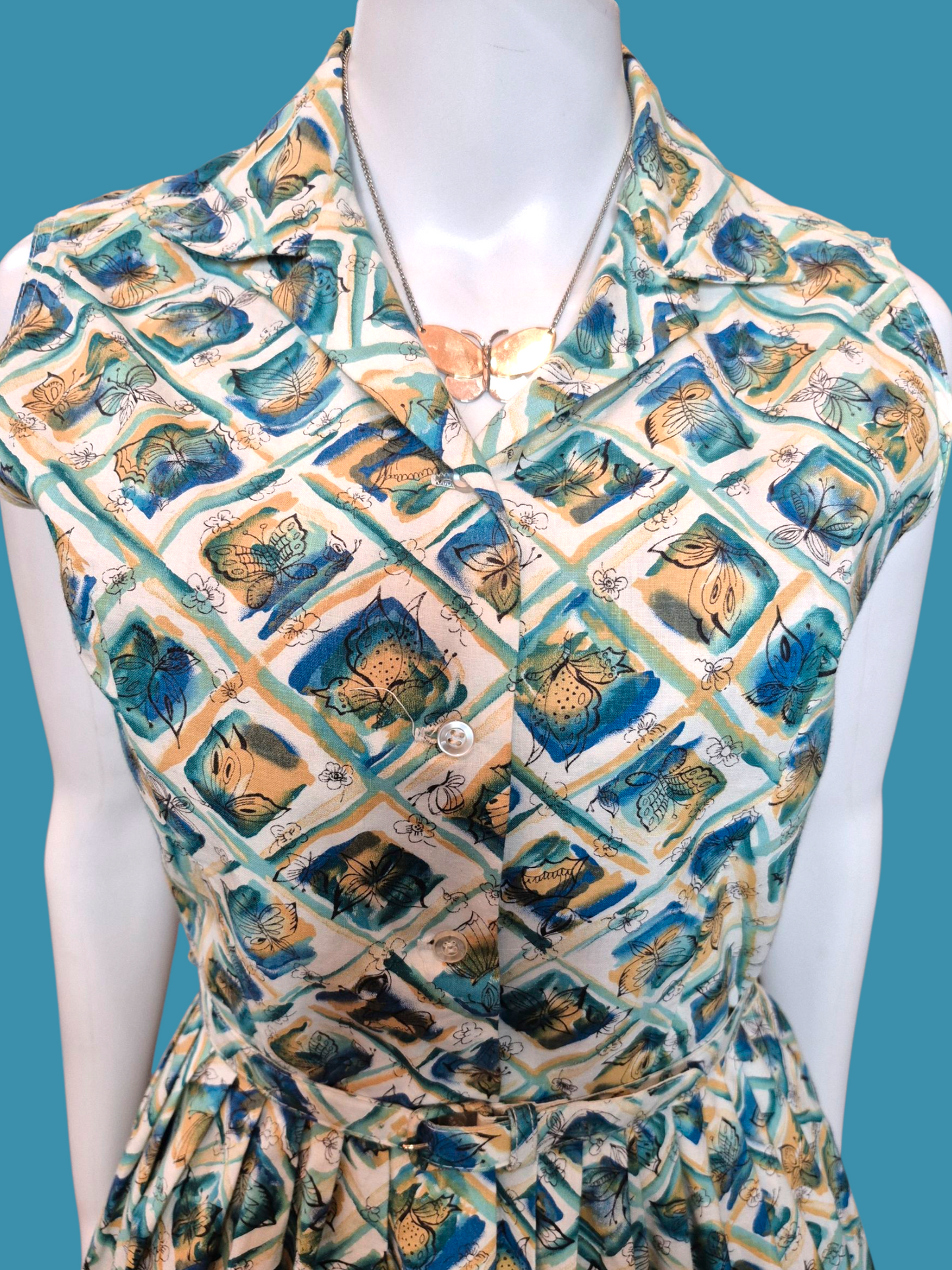 Vintage 1950s Butterfly Novelty Print Dress | Blue & Yellow Cotton shirtwaist fit & flare