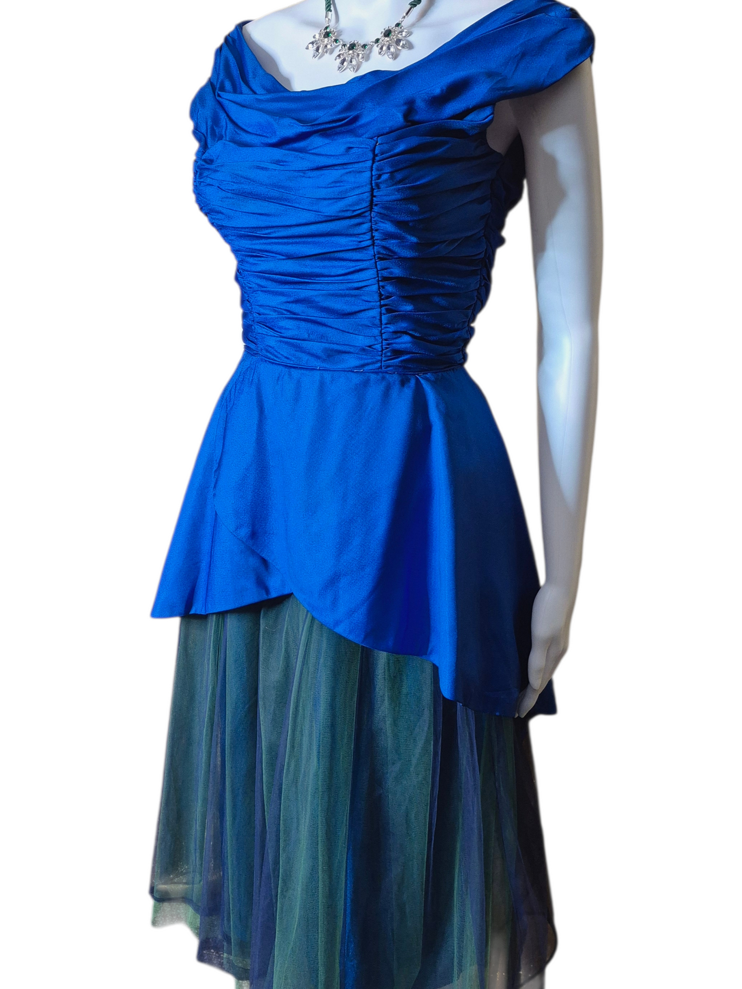 Vintage 1950s Blue & Green  Peplum wiggle dress with Iridescent Ruched Bodice & Tulle Skirt