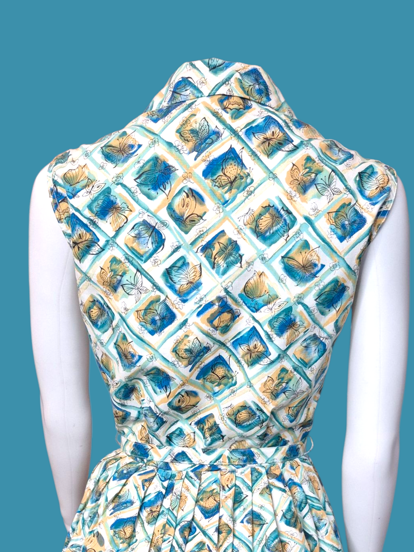 Vintage 1950s Butterfly Novelty Print Dress | Blue & Yellow Cotton shirtwaist fit & flare
