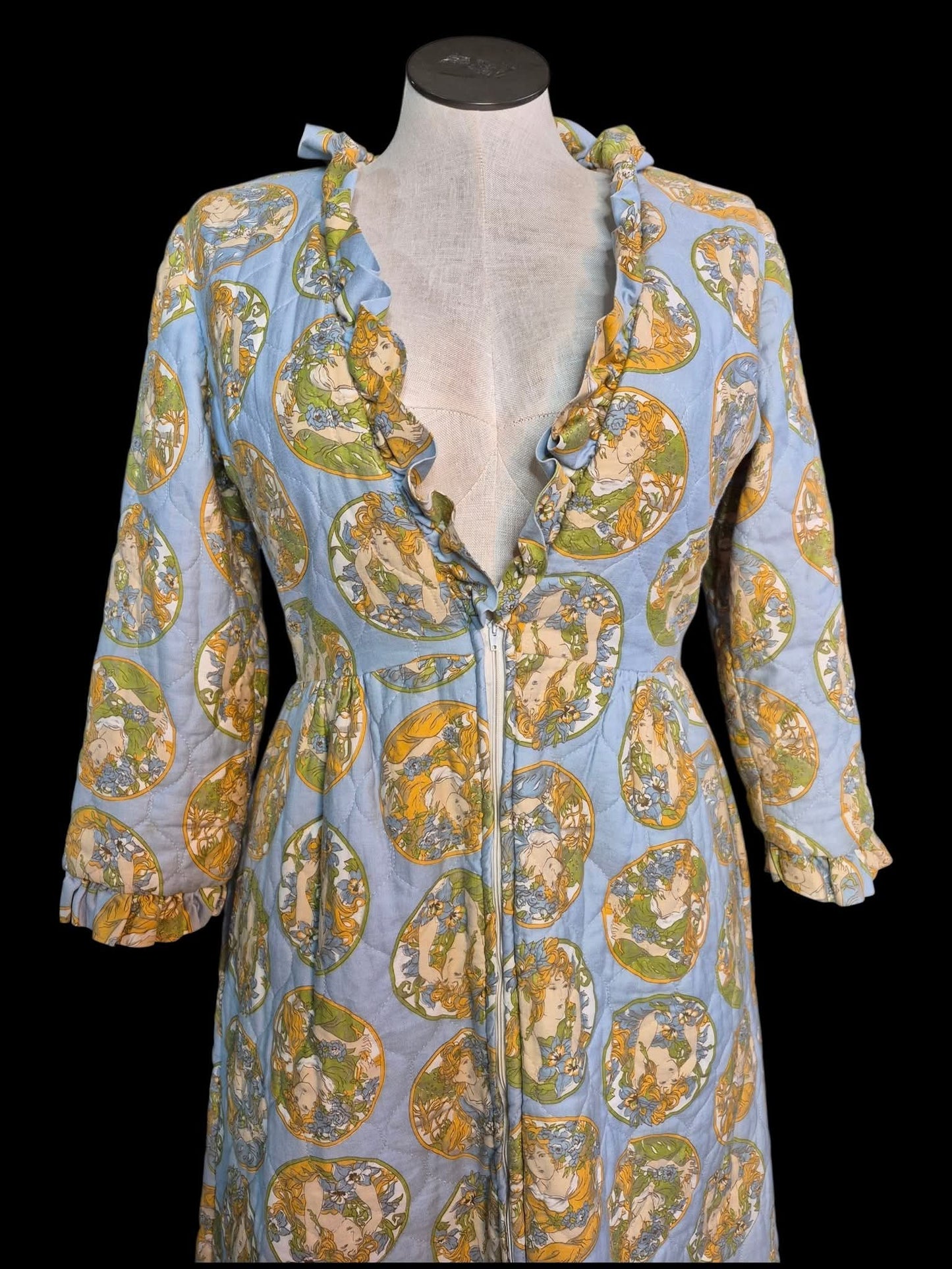 Vintage 70s Quilted Dressing Gown with art deco ladies by Louise Marie