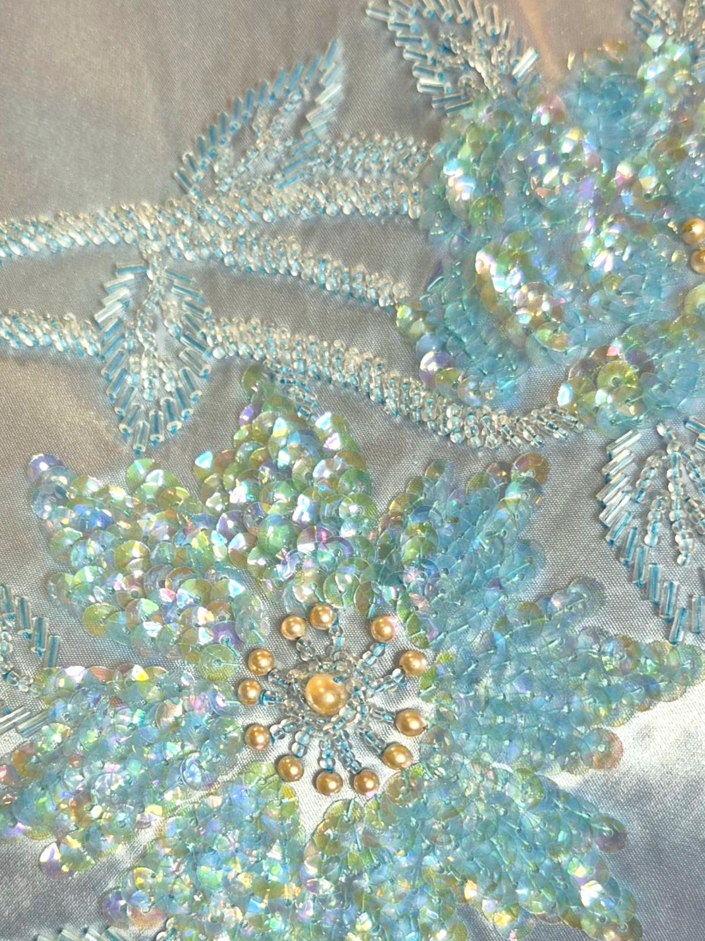 Vintage 1950s Blue Satin Qipao Dress with Sequin Floral design sz M/L