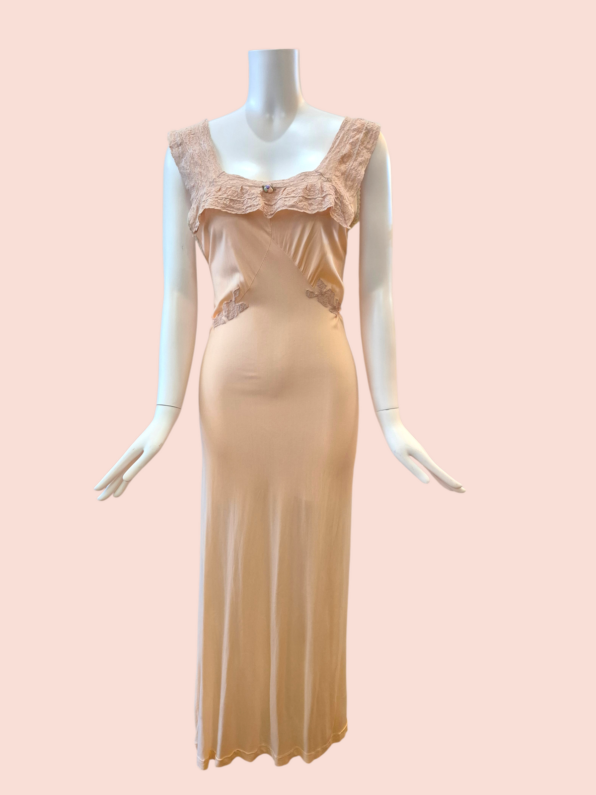 Vintage 1930s Peach Rayon Jersey Knit Nightgown with Lace Trim