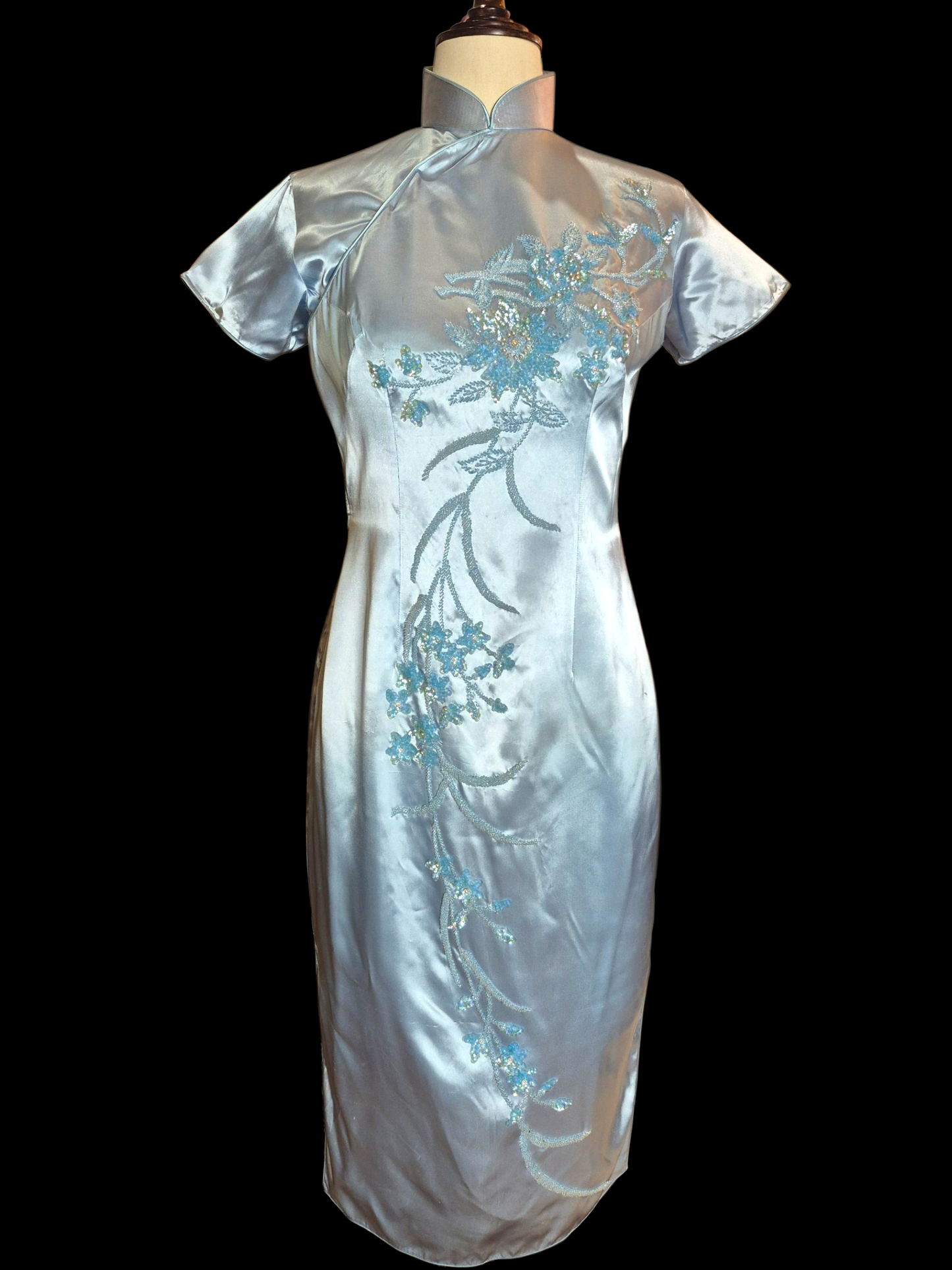 Vintage 1950s Blue Satin Qipao Dress with Sequin Floral design sz M/L