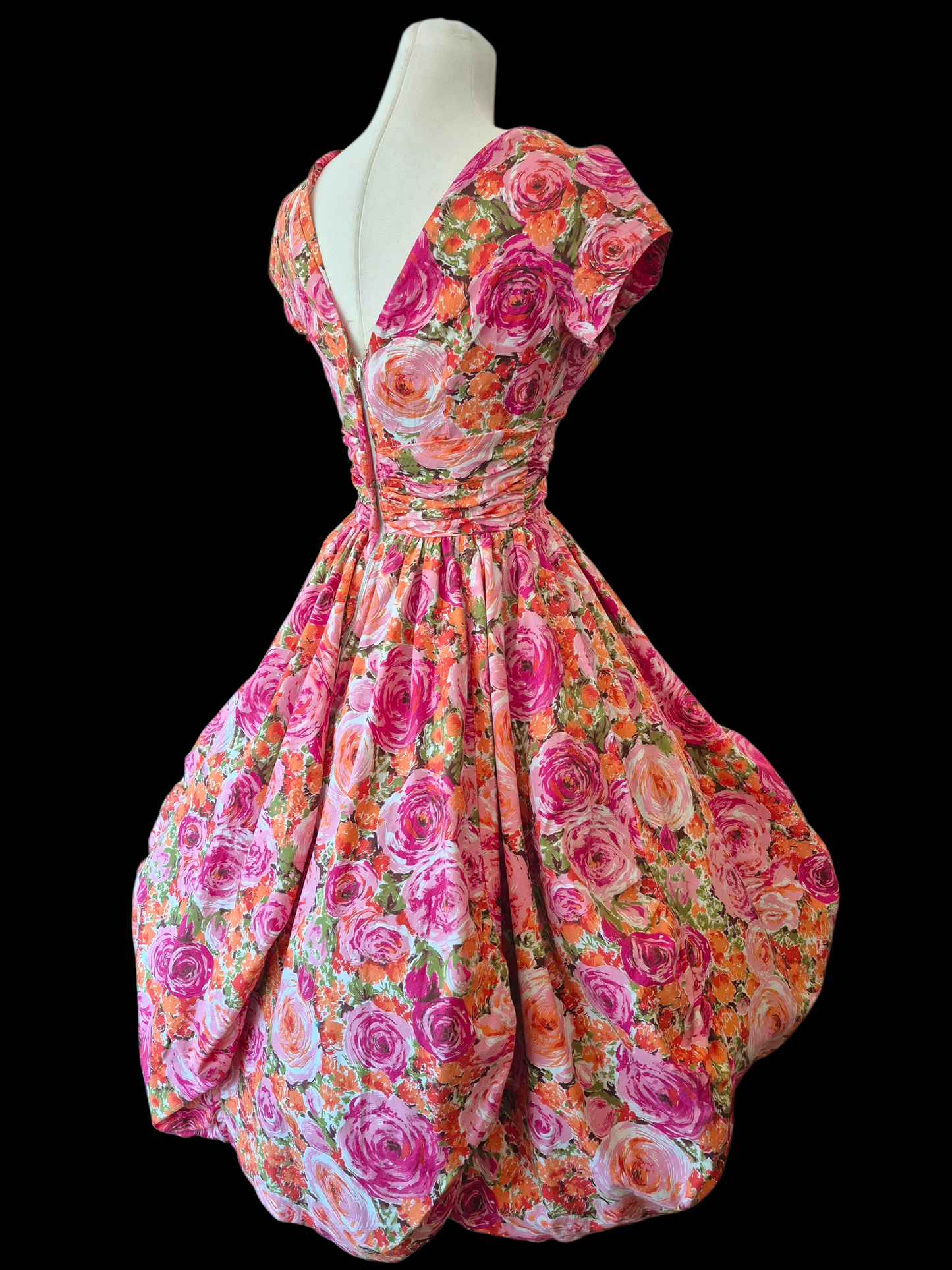 Vintage 1950s Pink Floral Bubble Hem Dress | Orange Rose Print Cotton Party Dress Pixie of California