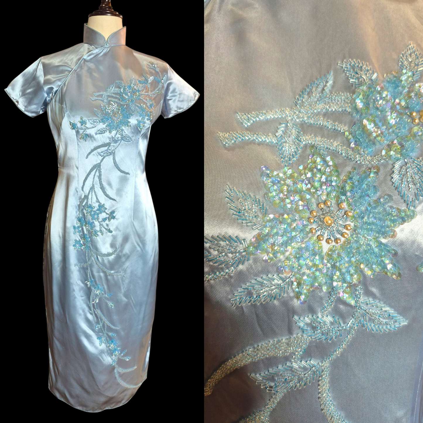 Vintage 1950s Blue Satin Qipao Dress with Sequin Floral design sz M/L