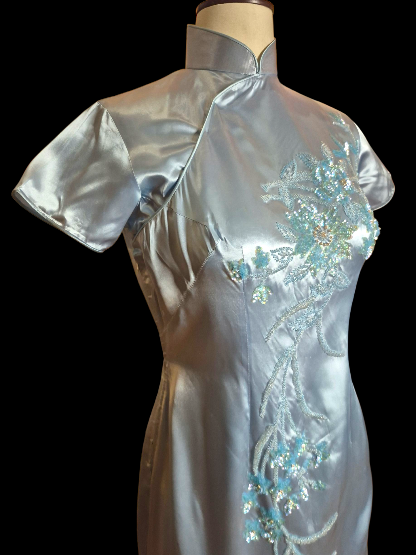 Vintage 1950s Blue Satin Qipao Dress with Sequin Floral design sz M/L
