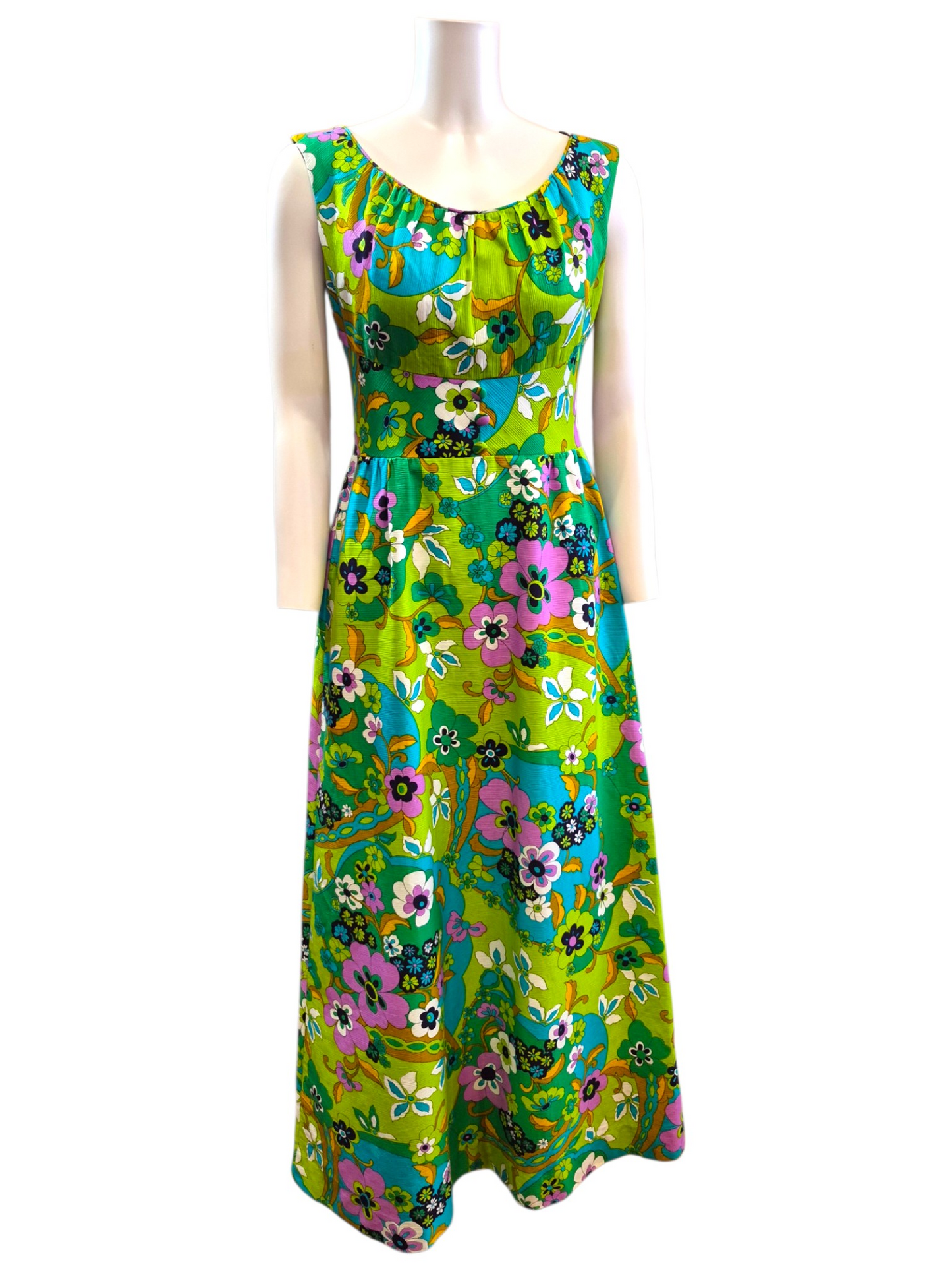 Vintage 1960s Psychedelic Flower Power Maxi Dress | Green & Turquoise Mod Resort Gown